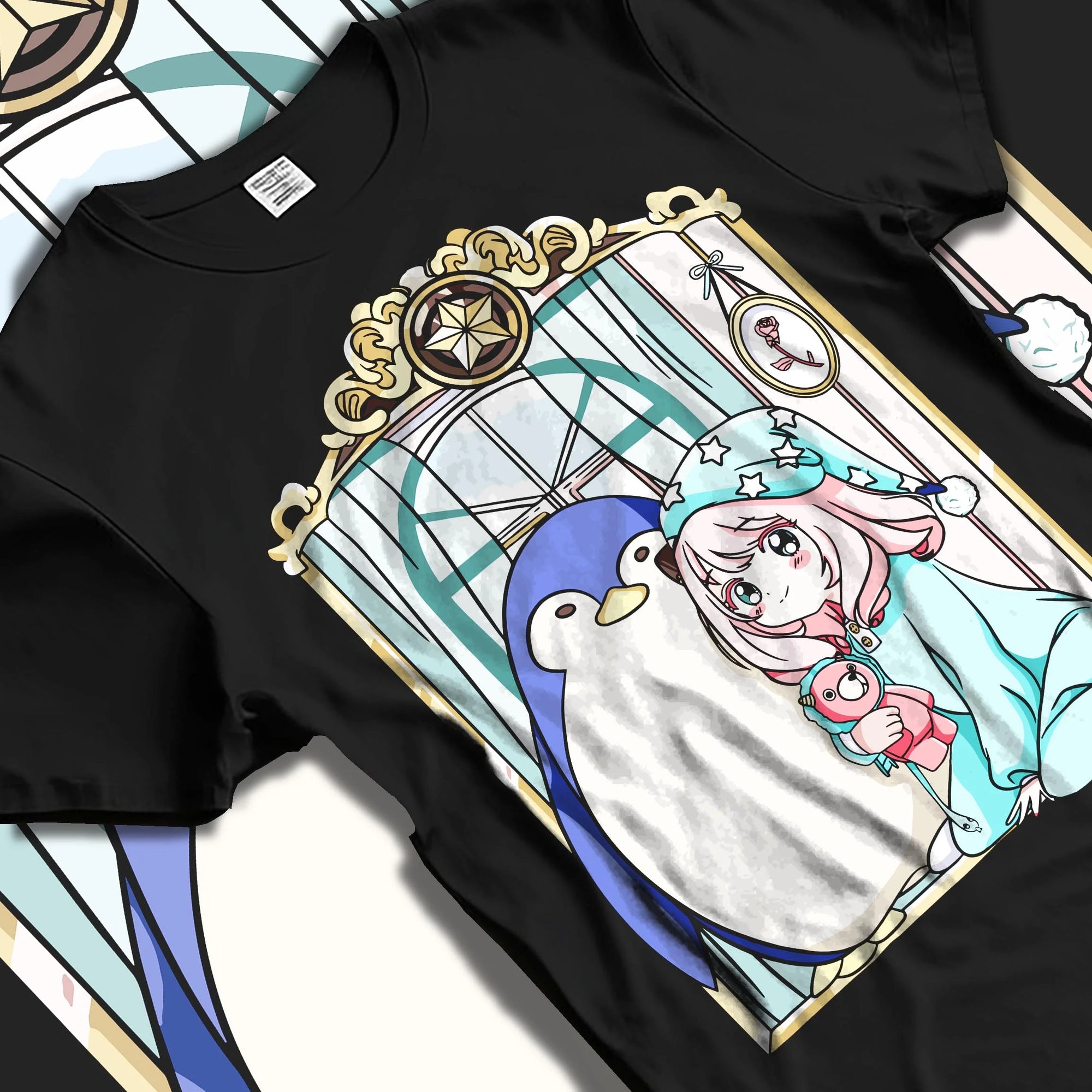 Black T-shirt laid flat with natural folds with Anya Forger Hoodie Spy x Family Sleeping Plush Doll graphic streetwear graphic.