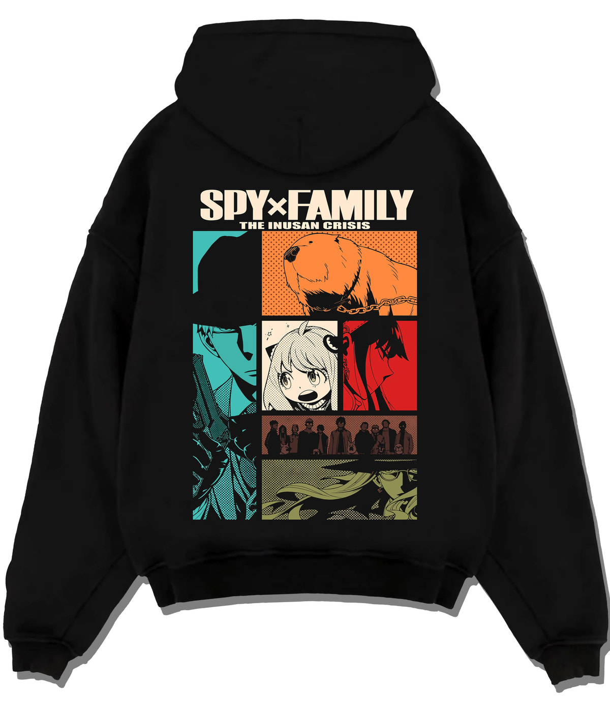 Black hoodie flat back view showing Spy x Family: Anya Forger comic panels