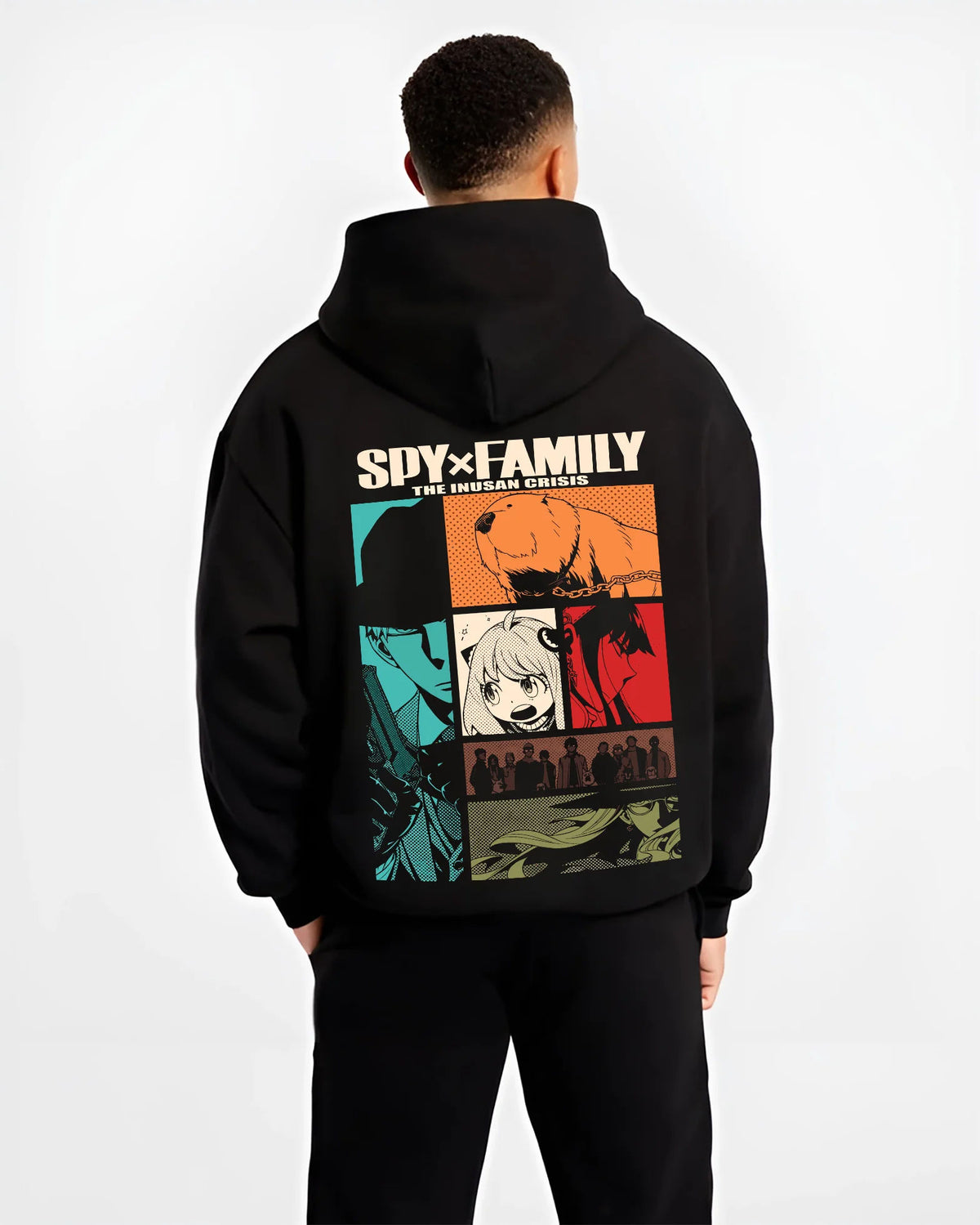 Black hoodie model back view showing Spy x Family: Anya Forger comic panels