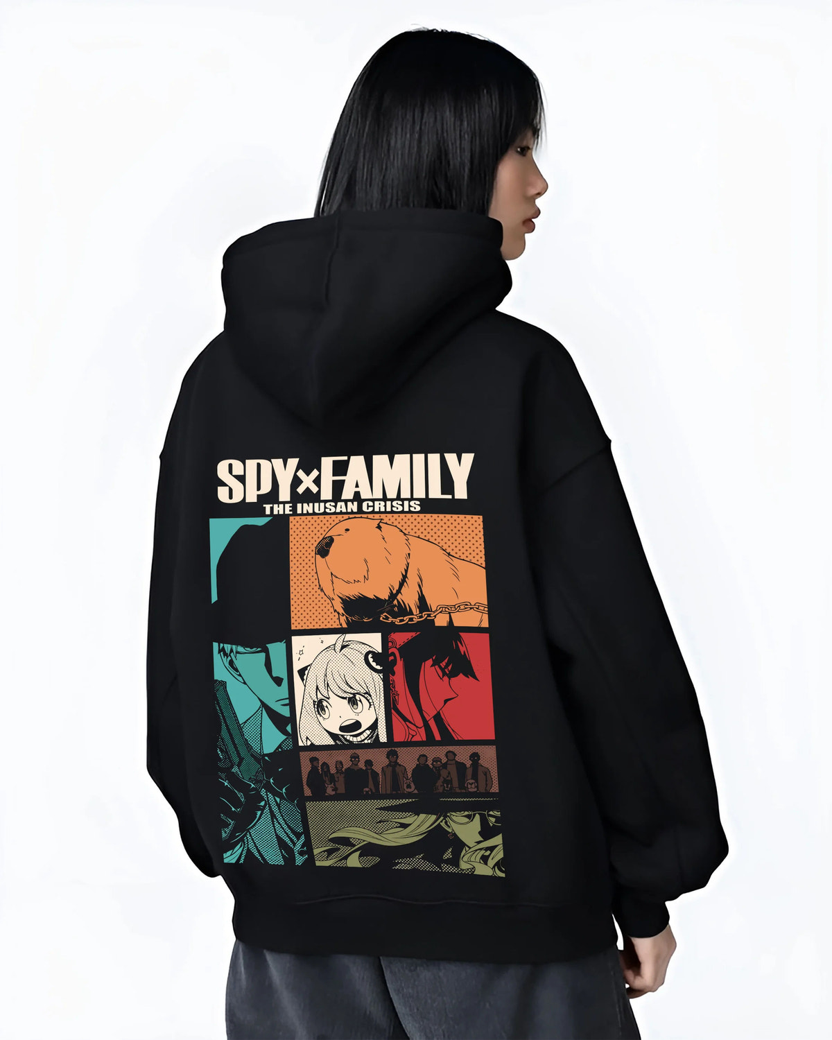 Black hoodie female model back view showing Spy x Family: Anya Forger comic panels