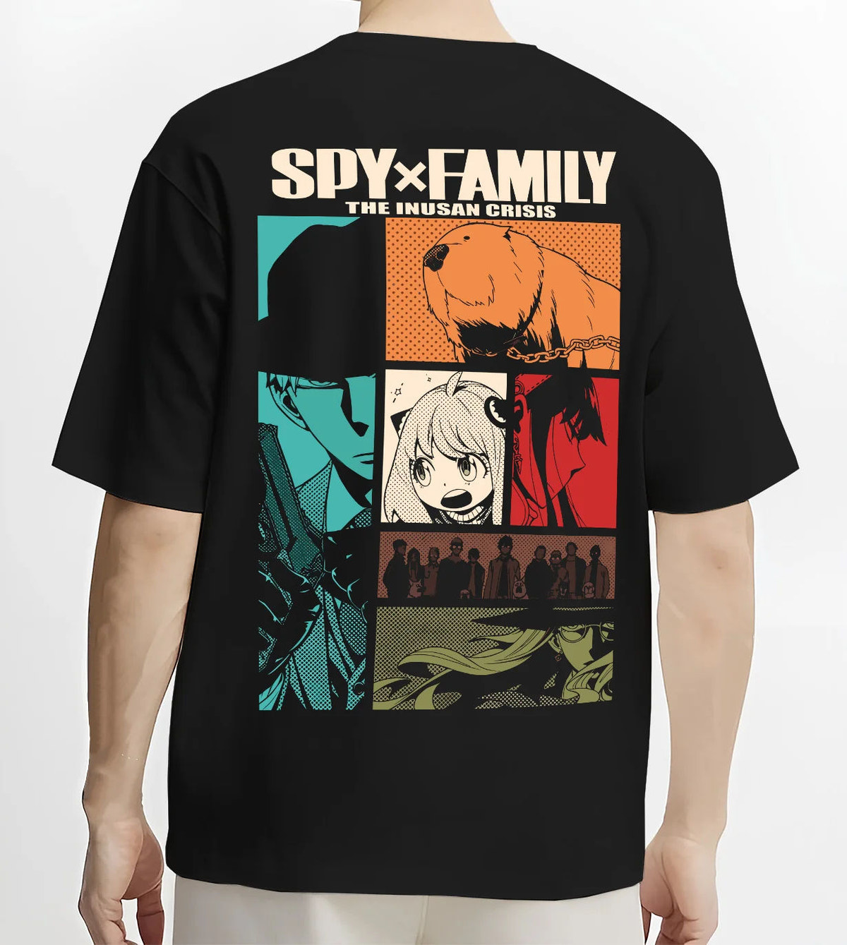 Black T-shirt model back view showing Spy x Family: Anya Forger comic panels