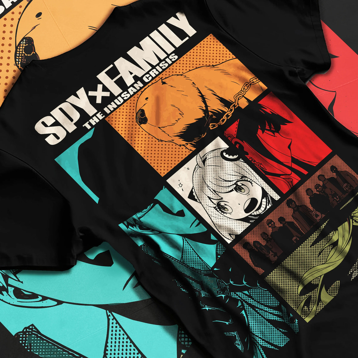 Black T-shirt flat back view showing Spy x Family: Anya Forger comic panels