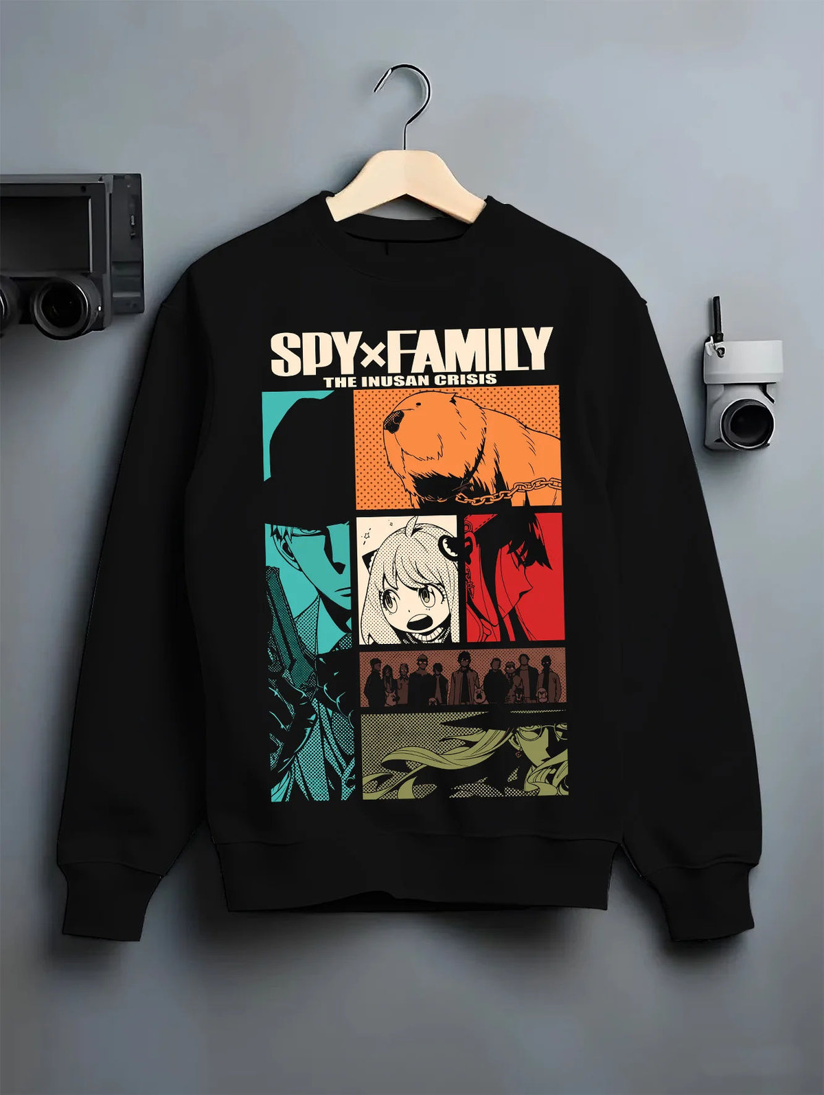 Black crewneck sweatshirt on hanger showing Spy x Family: Anya Forger comic panels