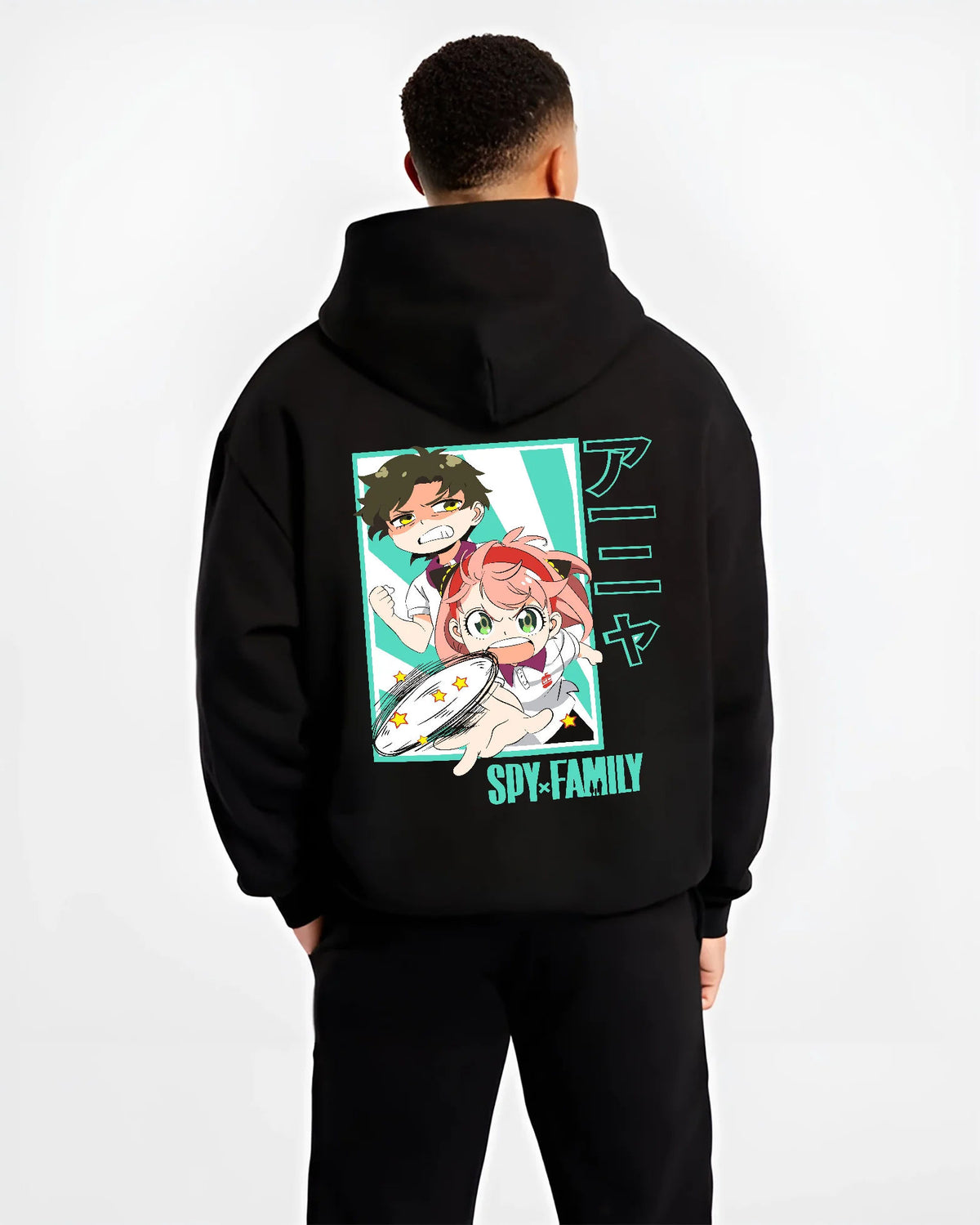 Black hoodie model back view showing Anya Forger from Spy x Family: family and craft poster