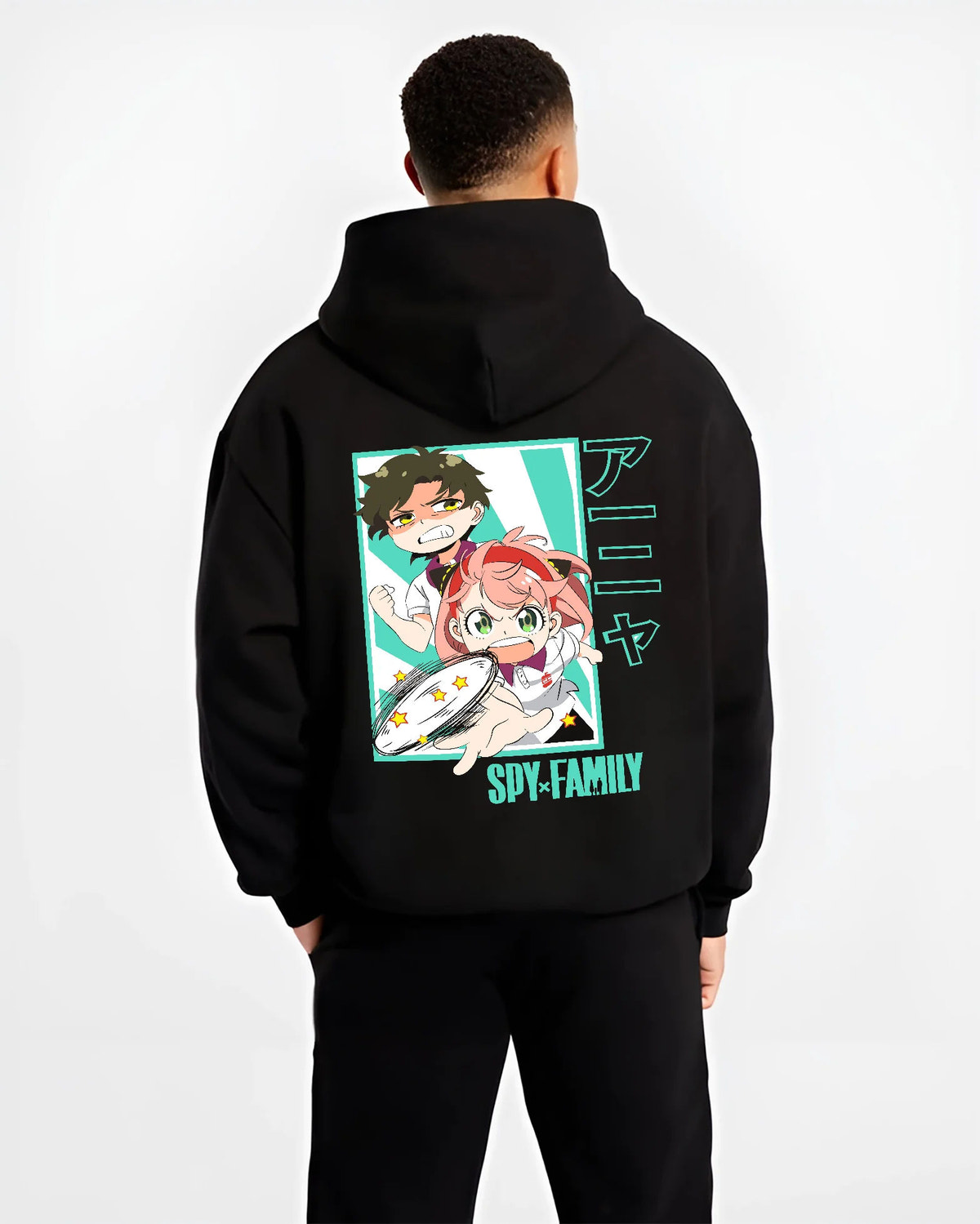 Black hoodie model back view showing Anya Forger from Spy x Family: family and craft poster