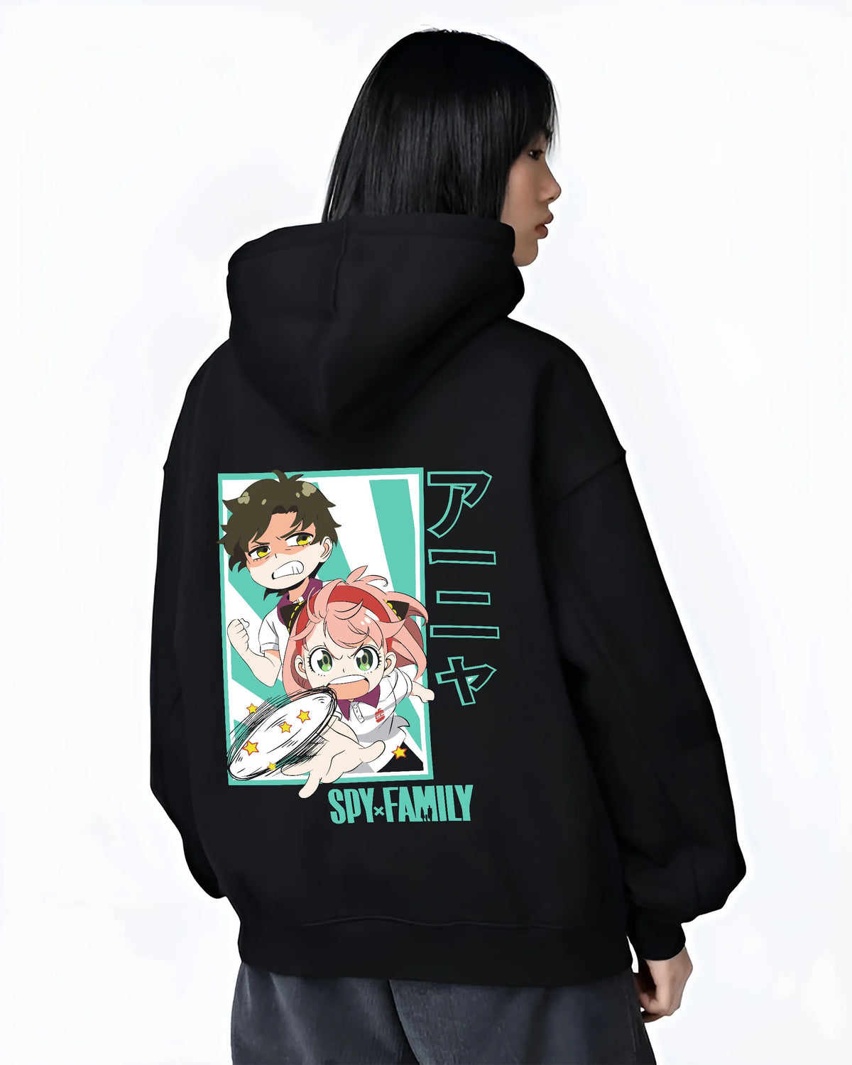 Black hoodie female model back view showing Anya Forger from Spy x Family: family and craft poster