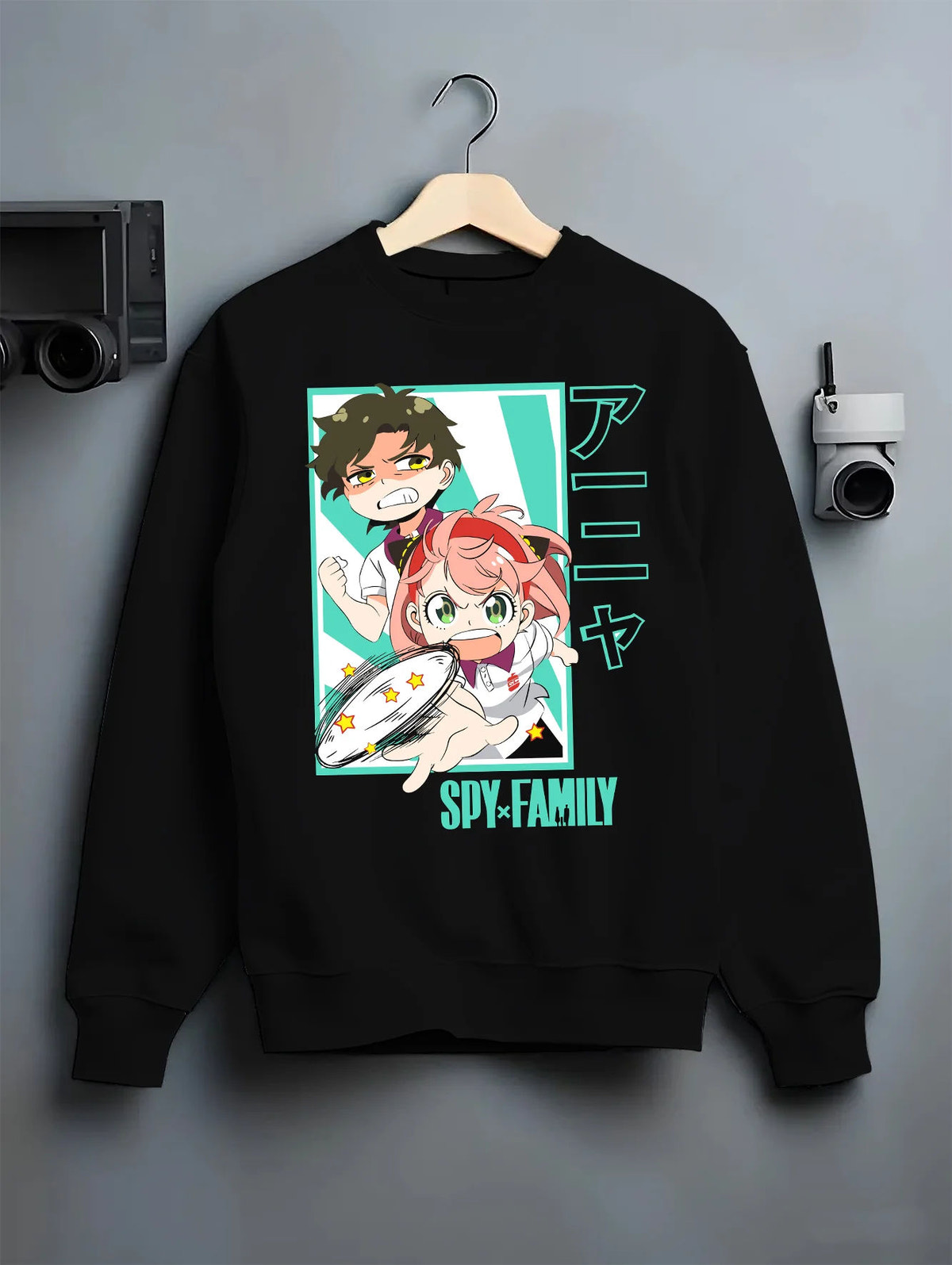 Black crewneck sweatshirt on hanger showing Anya Forger from Spy x Family: family and craft poster