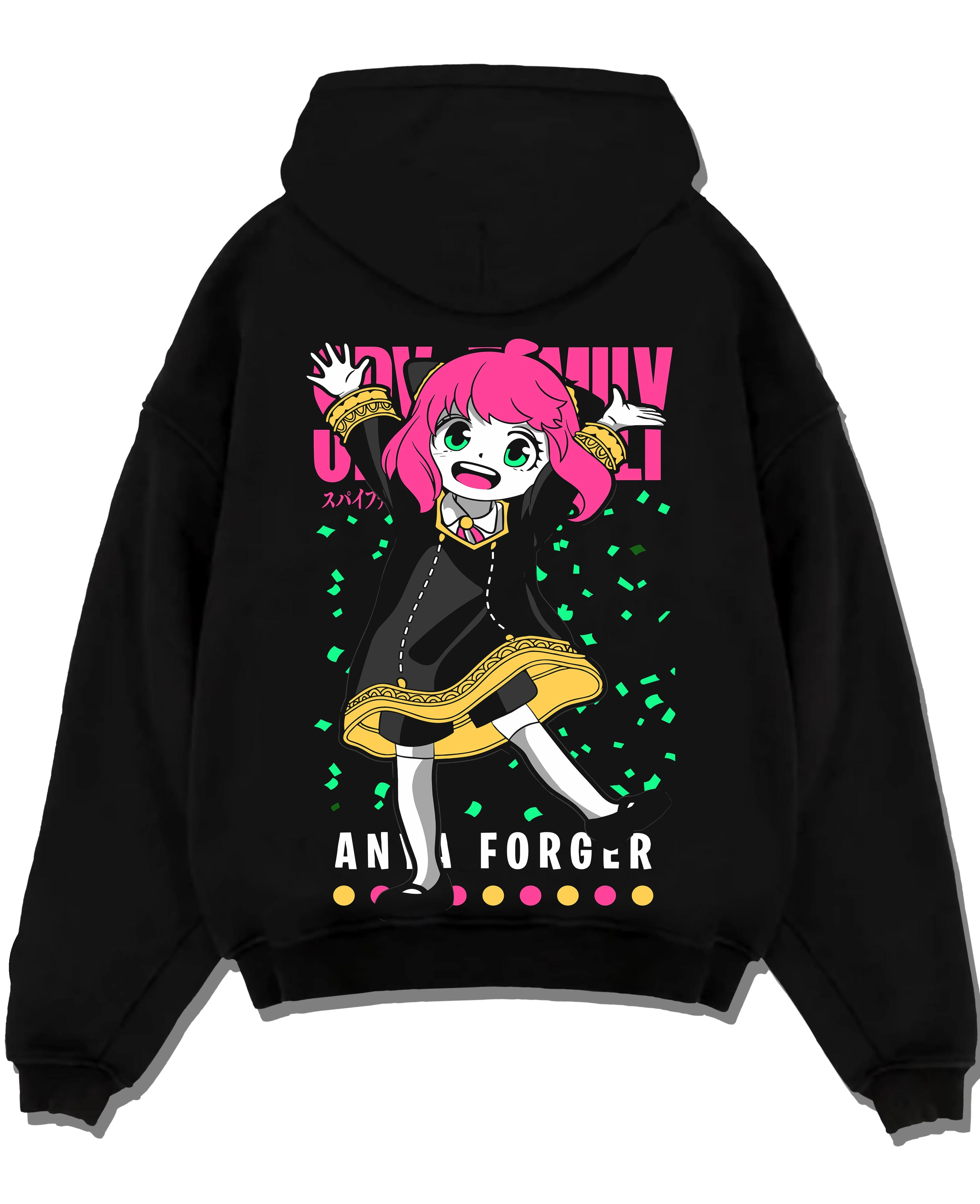 Black pullover hoodie laid flat with Anya Forger Hoodie Spy x Family Pink Hair Jump Scene graphic bold anime graphic.