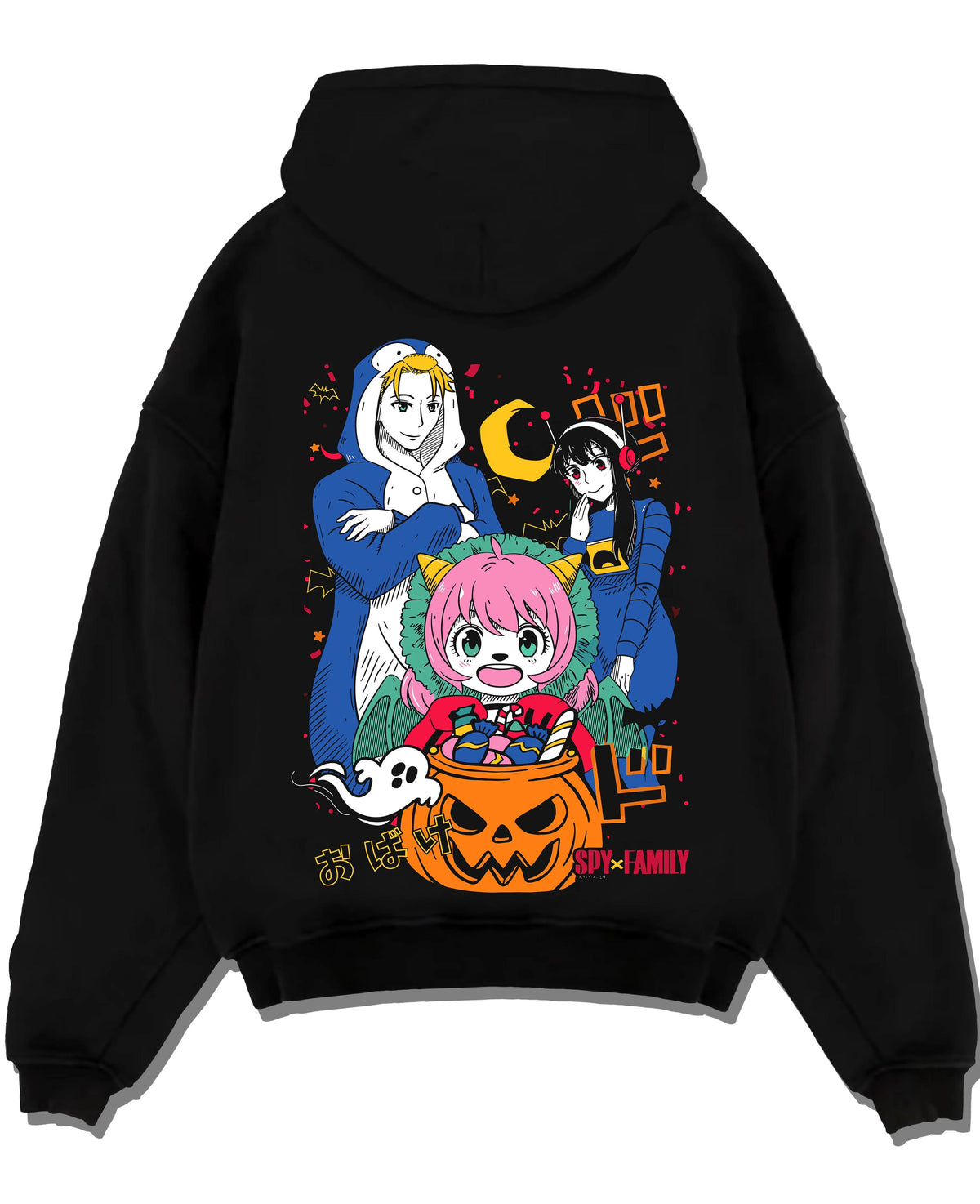 Black hoodie laid flat featuring Anya Forger Halloween Spy x Family pumpkin-night artwork with bold anime graphic print.
