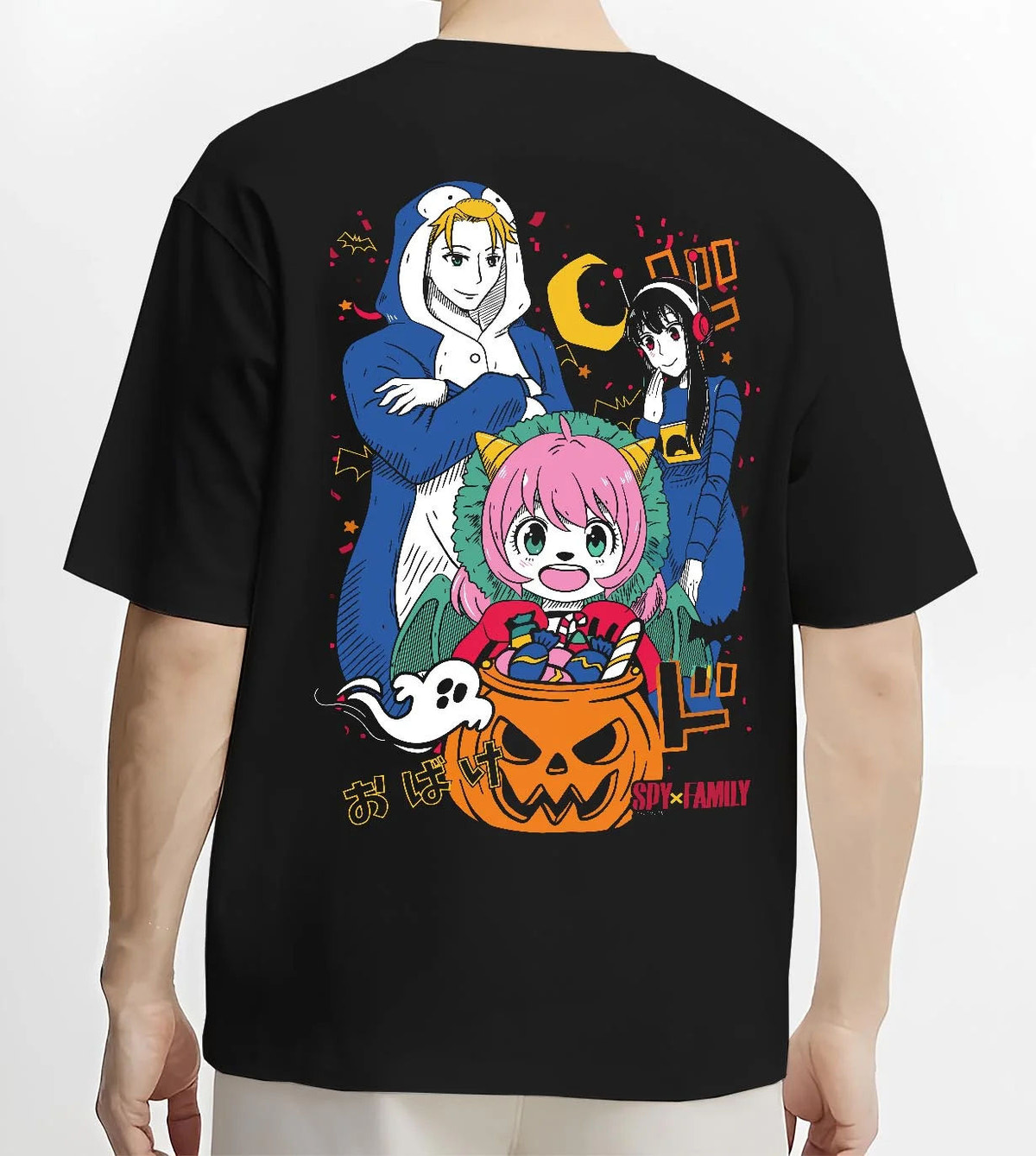 Black T-shirt worn by male model from the back featuring Anya Forger Halloween Spy x Family pumpkin-night artwork.