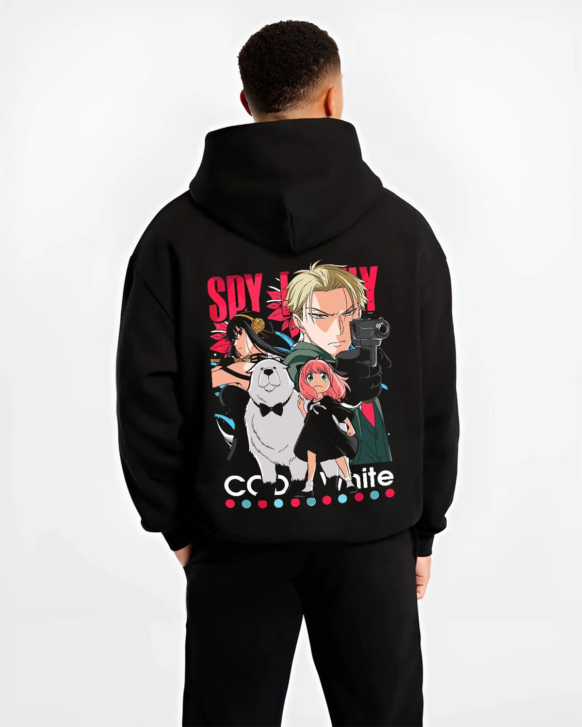 Black hoodie worn by male model from the back featuring Anya Forger Spy x Family family mission artwork.