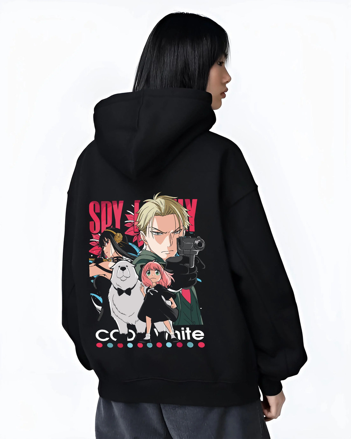 Black hoodie worn by female model from the back featuring Anya Forger Spy x Family family mission artwork.