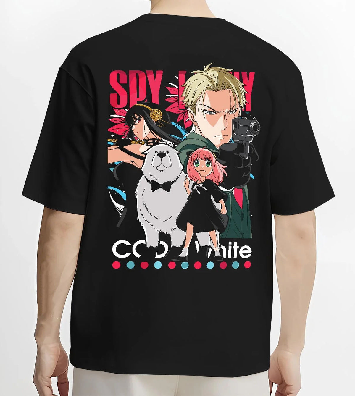 Black T-shirt worn by male model from the back featuring Anya Forger Spy x Family family mission artwork.