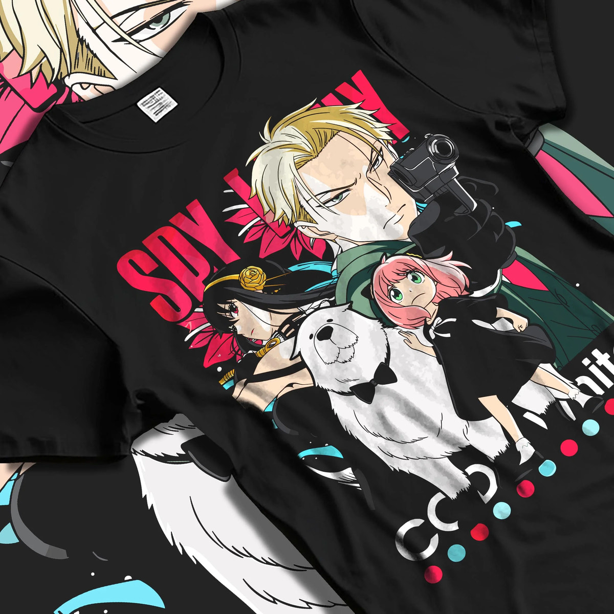 Black T-shirt laid flat with natural folds featuring Anya Forger Spy x Family family mission artwork.