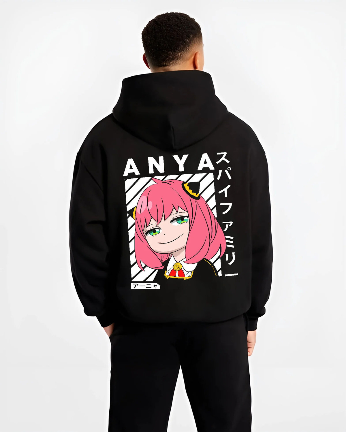Black hoodie model back view showing Anya Forger from Spy x Family: Spy x Family pink-haired portrait