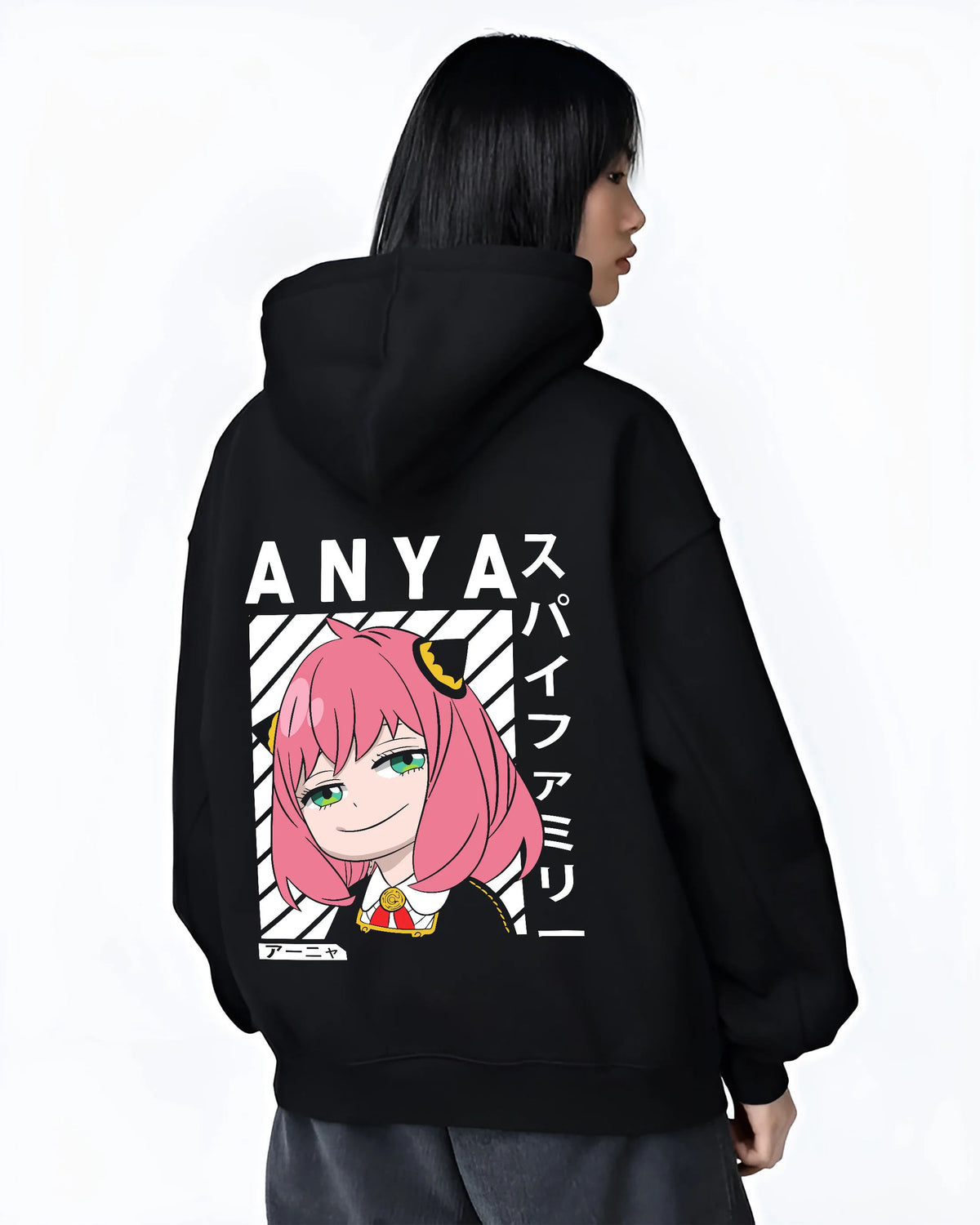 Black hoodie female model back view showing Anya Forger from Spy x Family: Spy x Family pink-haired portrait