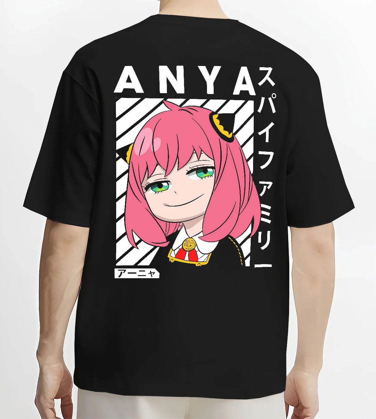 Black T-shirt model back view showing Anya Forger from Spy x Family: Spy x Family pink-haired portrait