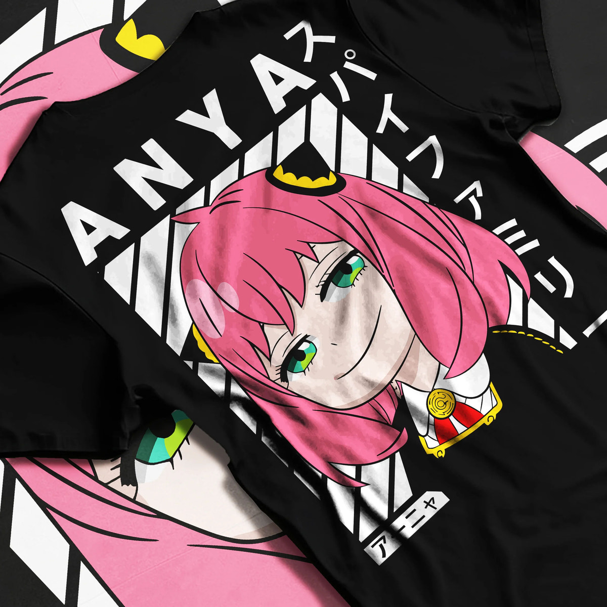 Black T-shirt flat back view showing Anya Forger from Spy x Family: Spy x Family pink-haired portrait