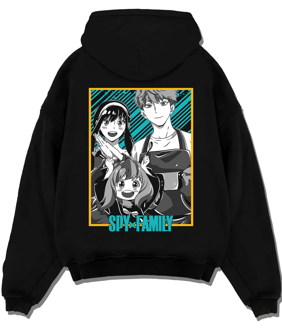 Black hoodie flat back view showing Loid Forger, Yor Forger and Anya Forger from Spy x Family: family poster