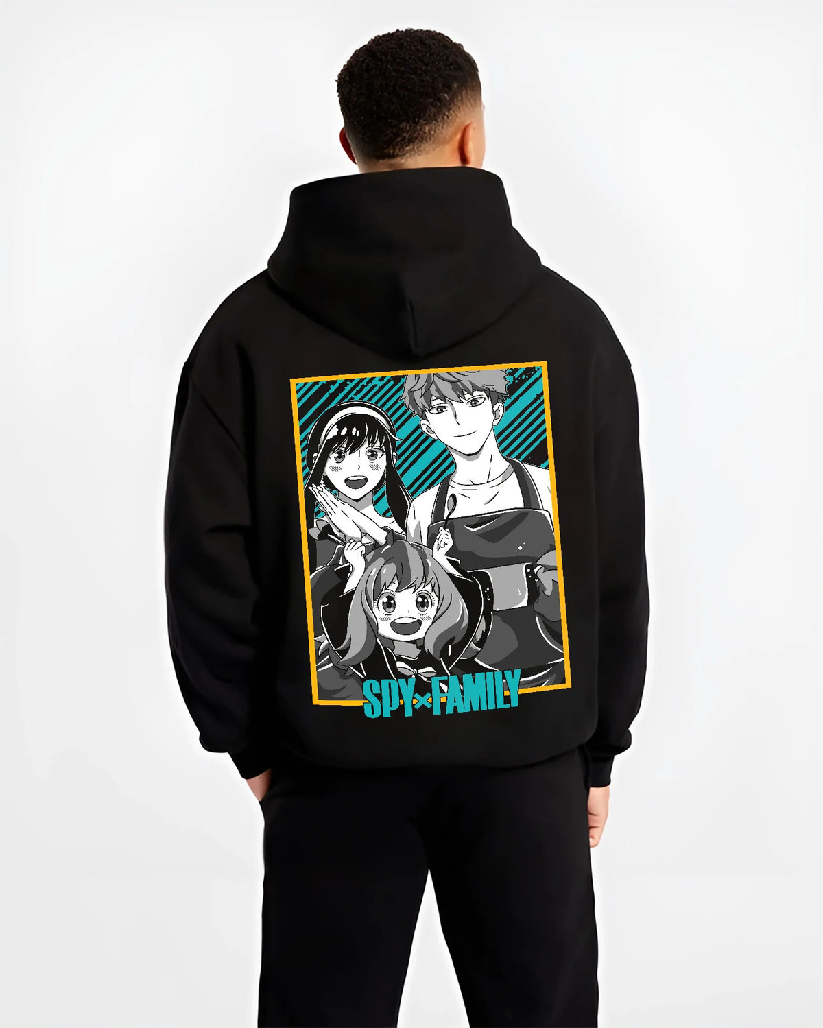 Black hoodie model back view showing Loid Forger, Yor Forger and Anya Forger from Spy x Family: family poster