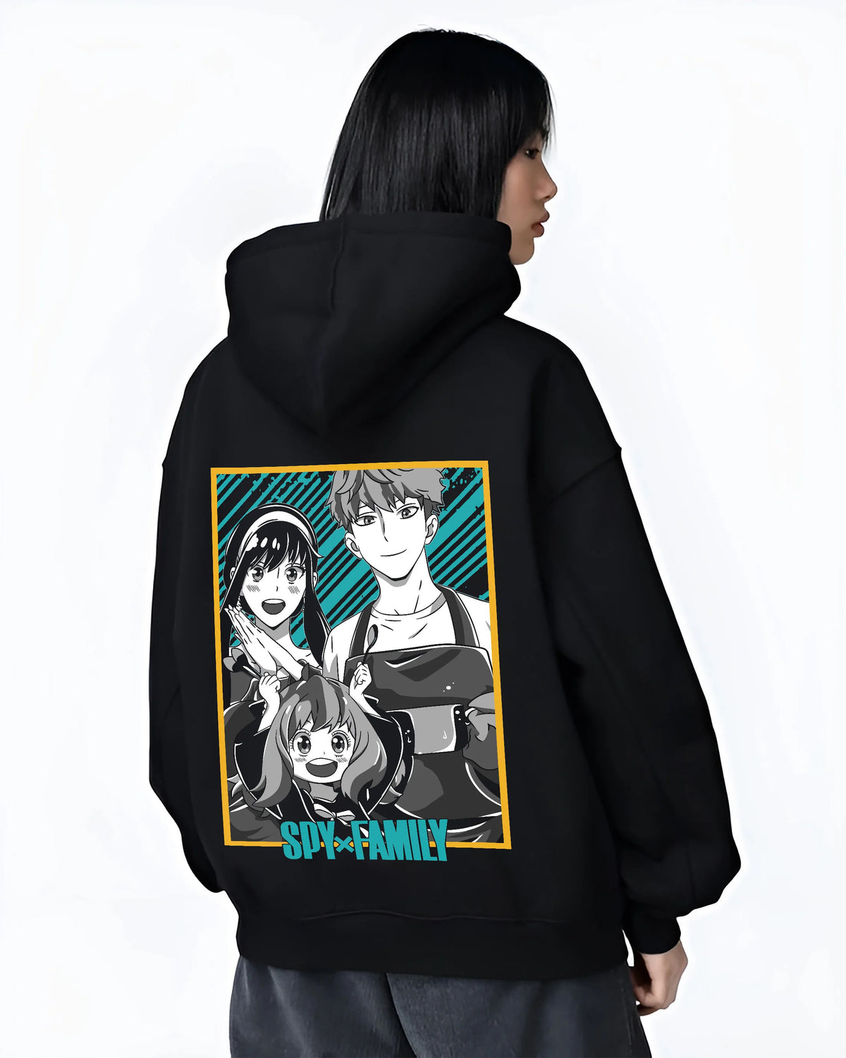 Black hoodie female model back view showing Loid Forger, Yor Forger and Anya Forger from Spy x Family: family poster