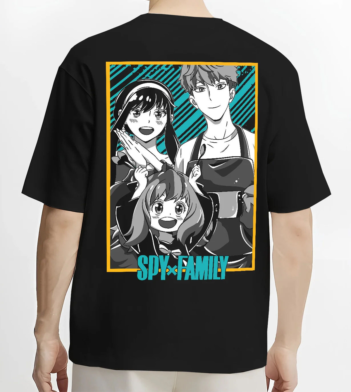 Black T-shirt model back view showing Loid Forger, Yor Forger and Anya Forger from Spy x Family: family poster