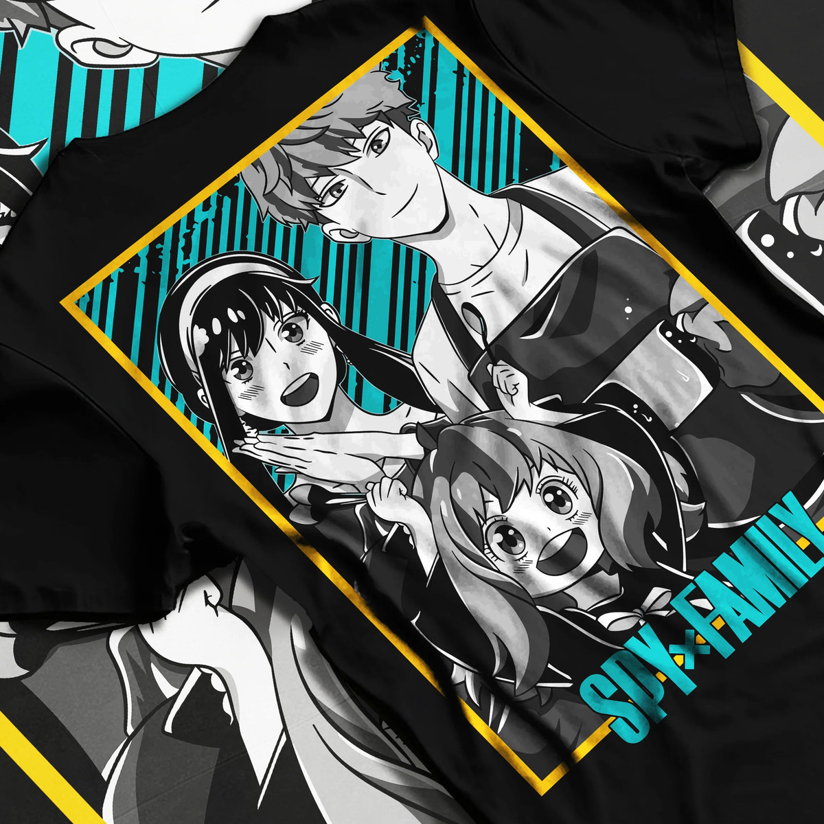 Black T-shirt flat back view showing Loid Forger, Yor Forger and Anya Forger from Spy x Family: family poster