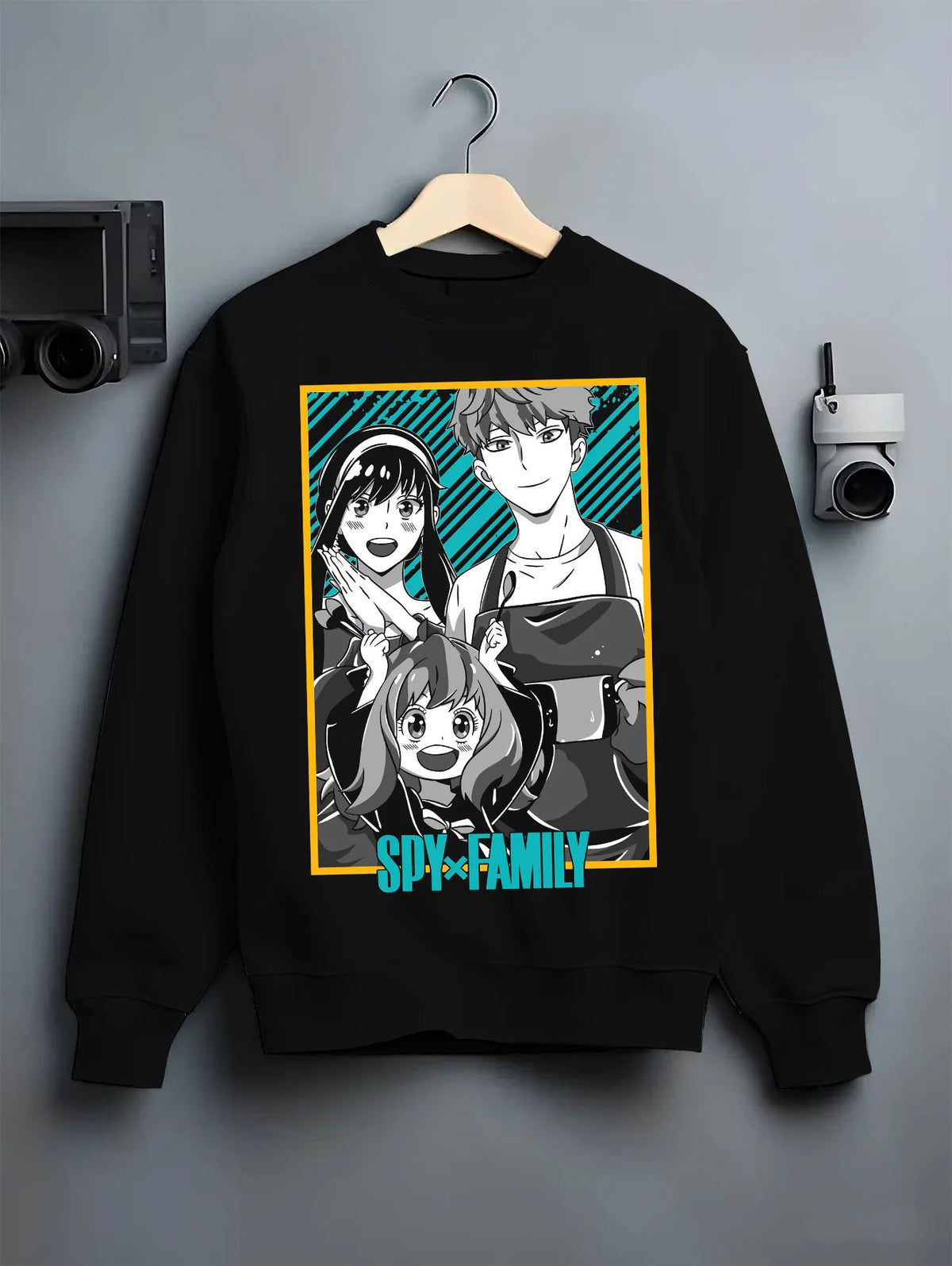 Black crewneck sweatshirt on hanger showing Loid Forger, Yor Forger and Anya Forger from Spy x Family: family poster