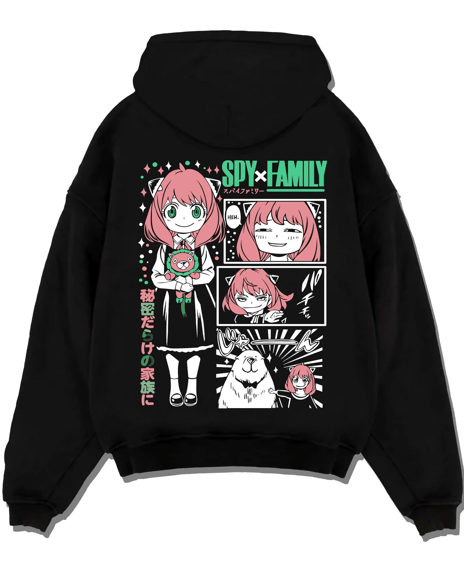 Black pullover hoodie laid flat with Anya Forger Hoodie Spy x Family Manga Comic Collage graphic streetwear graphic.