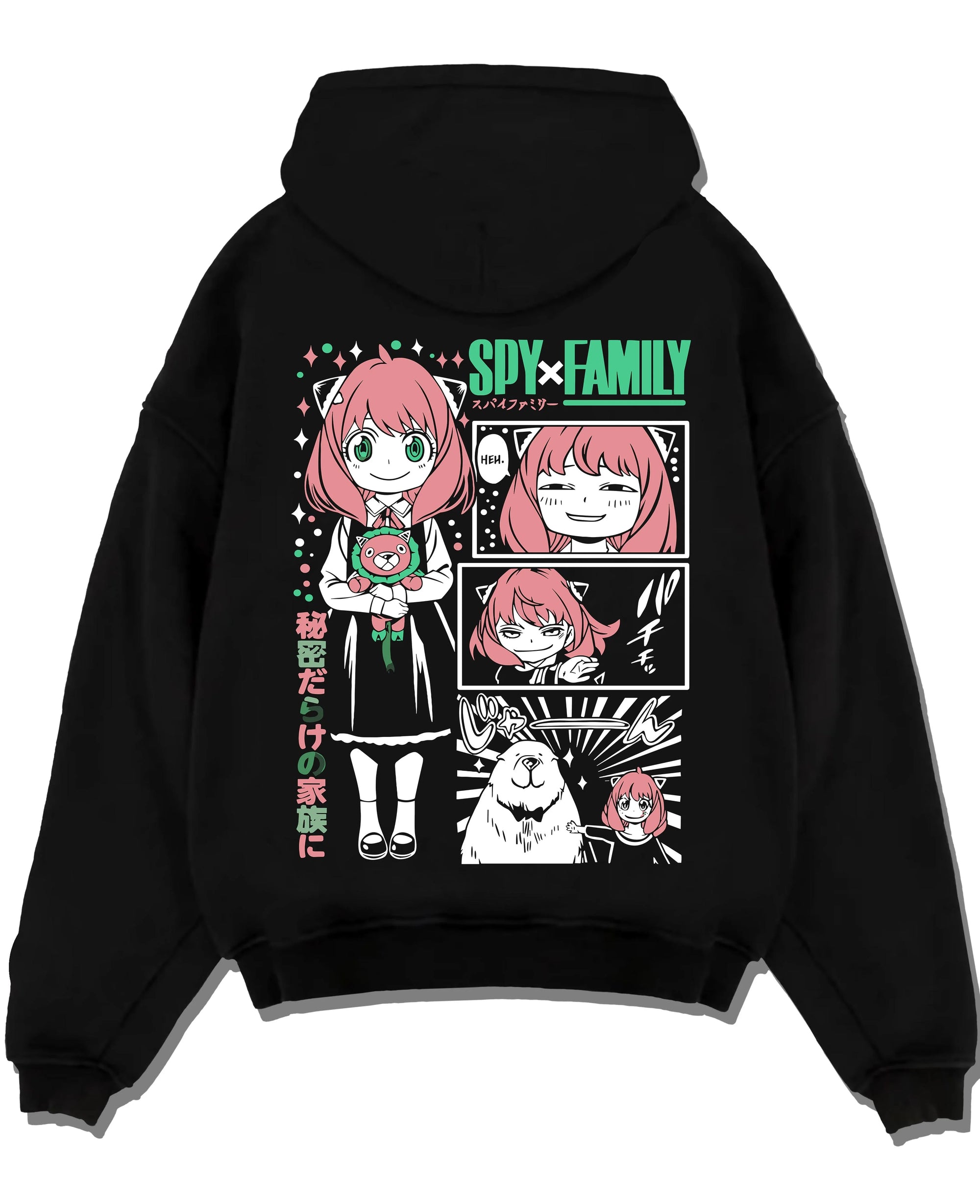 Black pullover hoodie laid flat with Anya Forger Hoodie Spy x Family Manga Comic Collage graphic streetwear graphic.
