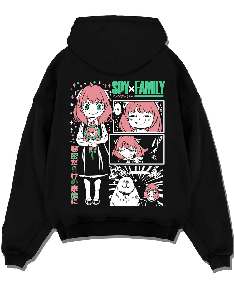 Black pullover hoodie laid flat with Anya Forger Hoodie Spy x Family Manga Comic Collage graphic streetwear graphic.
