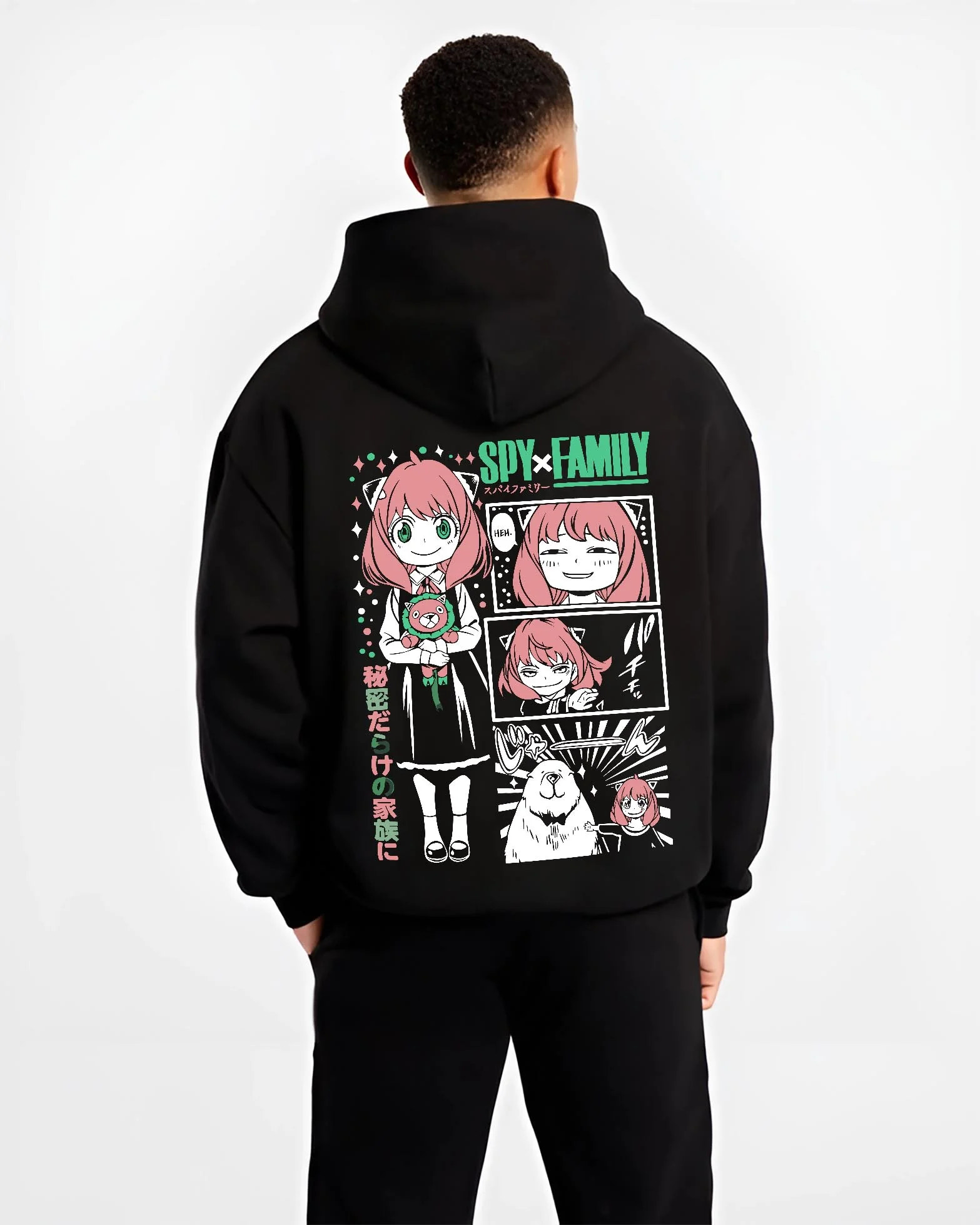 Black hoodie worn by male model, back view with Anya Forger Hoodie Spy x Family Manga Comic Collage graphic streetwear graphic.
