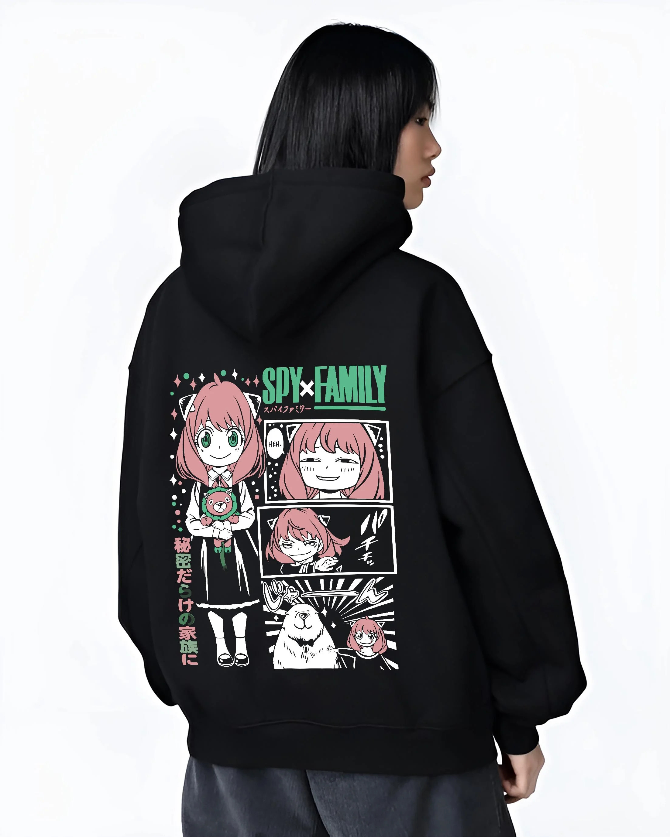 Black hoodie worn by female model, back view with Anya Forger Hoodie Spy x Family Manga Comic Collage graphic premium wear.