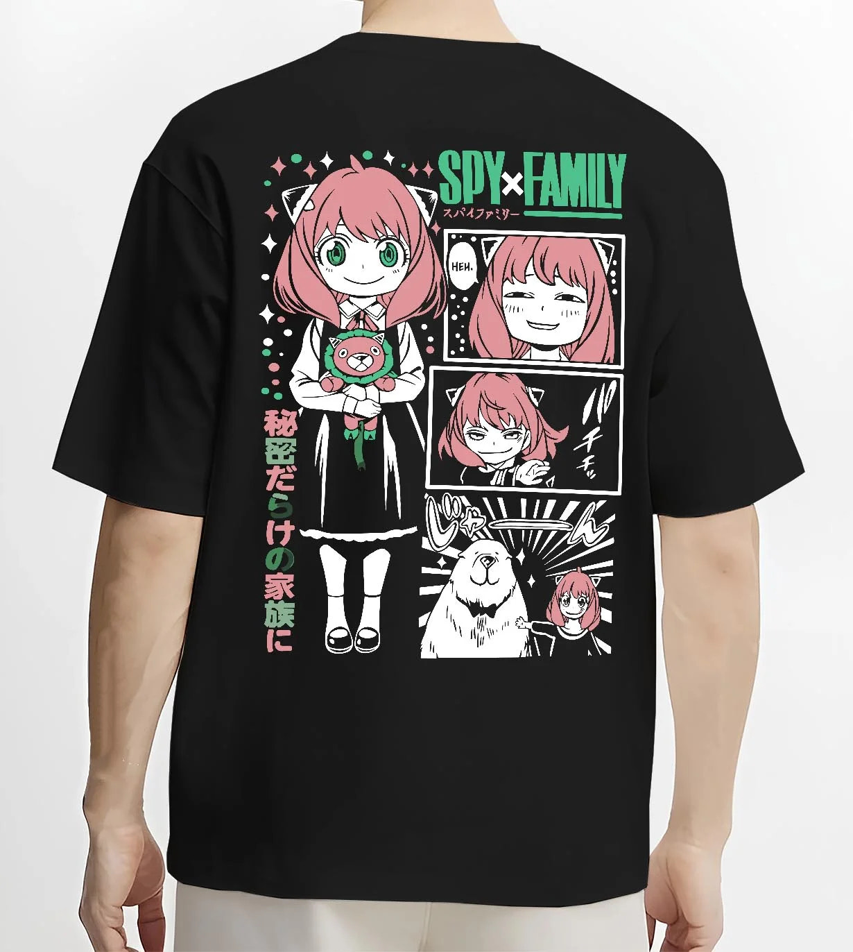Black T-shirt worn by male model, back view with Anya Forger Hoodie Spy x Family Manga Comic Collage graphic bold anime graphic.