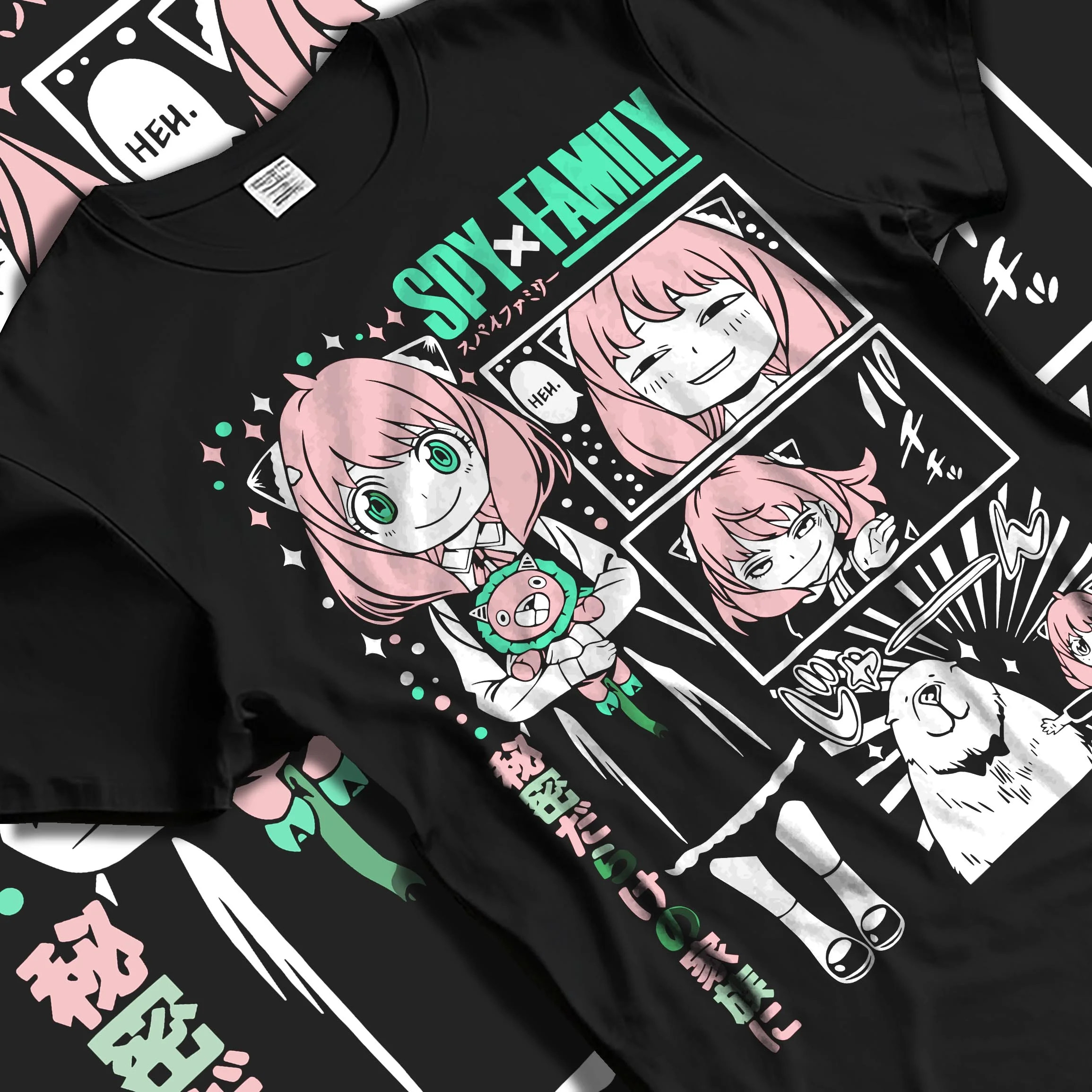 Black T-shirt laid flat with natural folds with Anya Forger Hoodie Spy x Family Manga Comic Collage graphic premium wear.