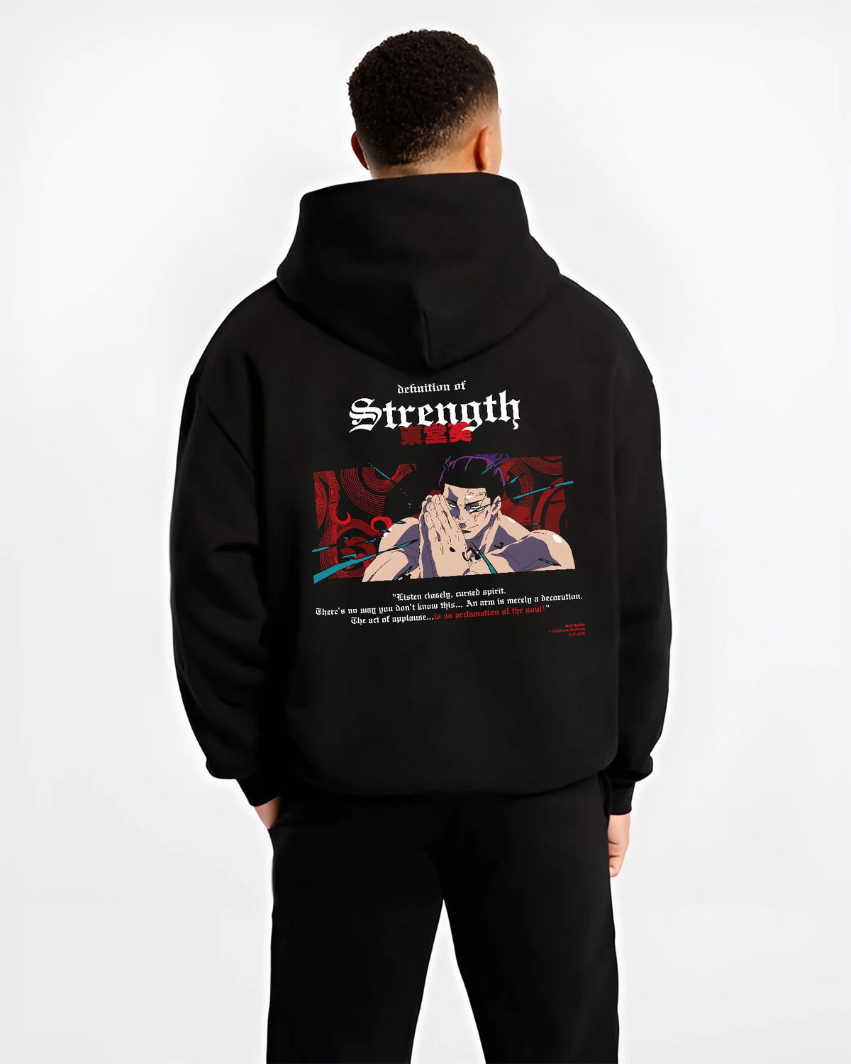 Black hoodie model back view showing Aoi Todo from Jujutsu Kaisen: definition of strength and prayer pose
