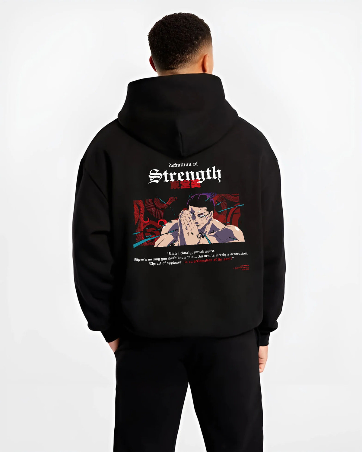 Black hoodie model back view showing Aoi Todo from Jujutsu Kaisen: definition of strength and prayer pose