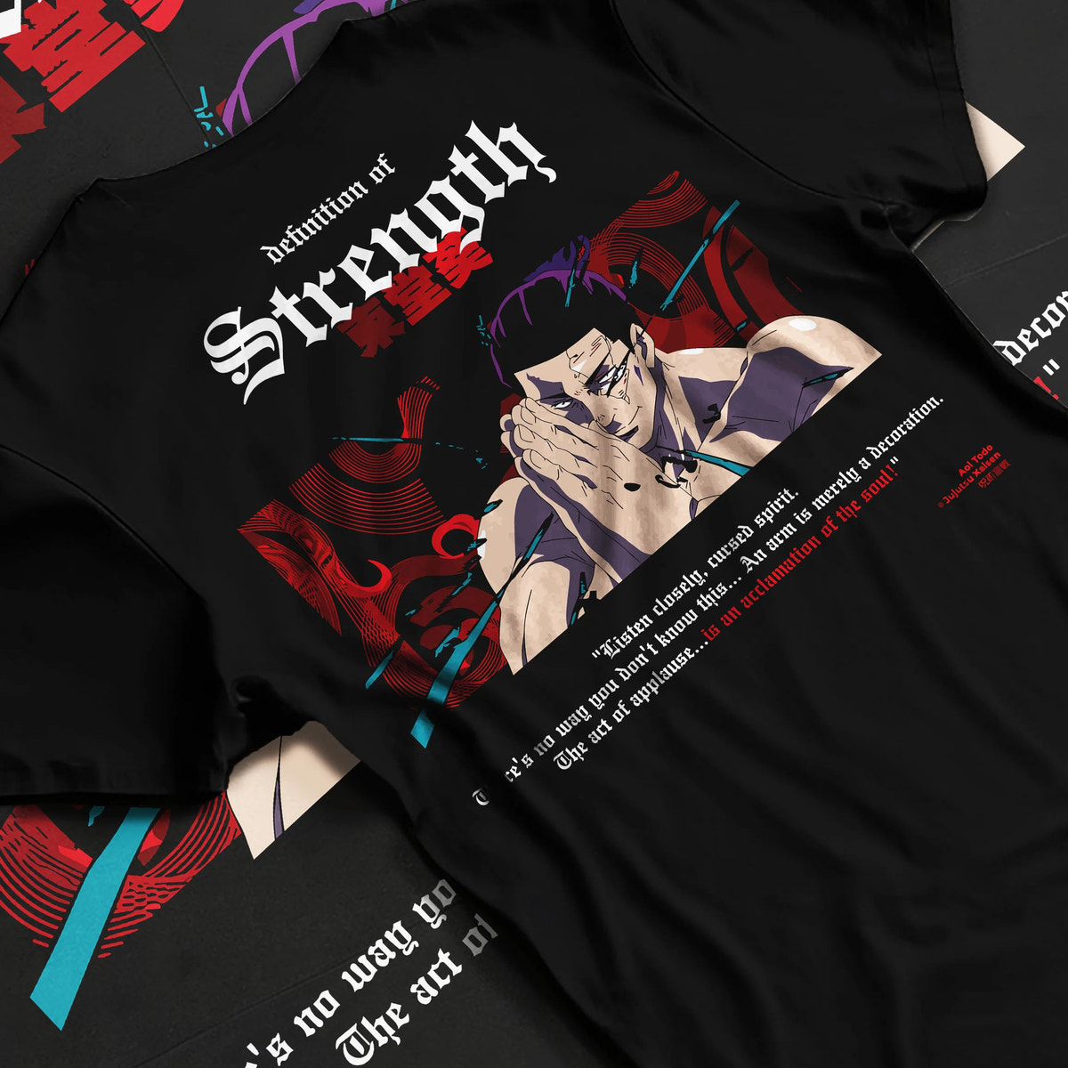 Black T-shirt flat back view showing Aoi Todo from Jujutsu Kaisen: definition of strength and prayer pose