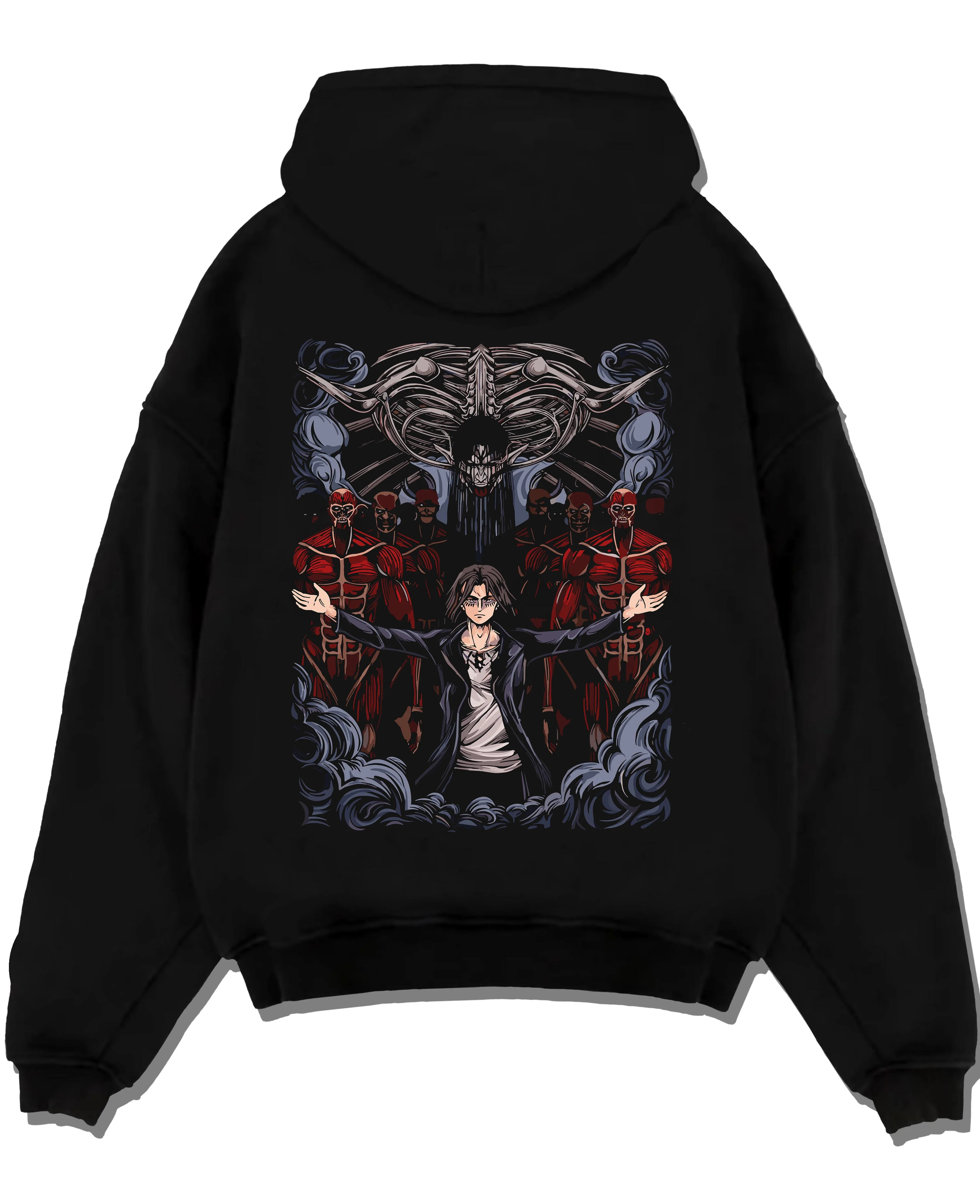 Black pullover hoodie laid flat with Attack on Titan Hoodie Survey Corps Levi Throne Scene graphic premium wear.