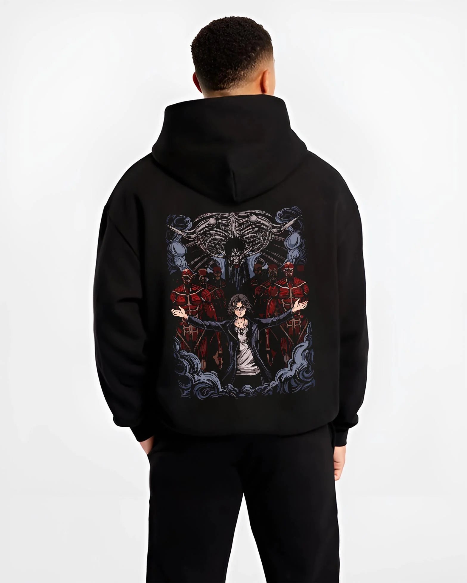 Black hoodie worn by male model, back view with Attack on Titan Hoodie Survey Corps Levi Throne Scene graphic streetwear graphic.