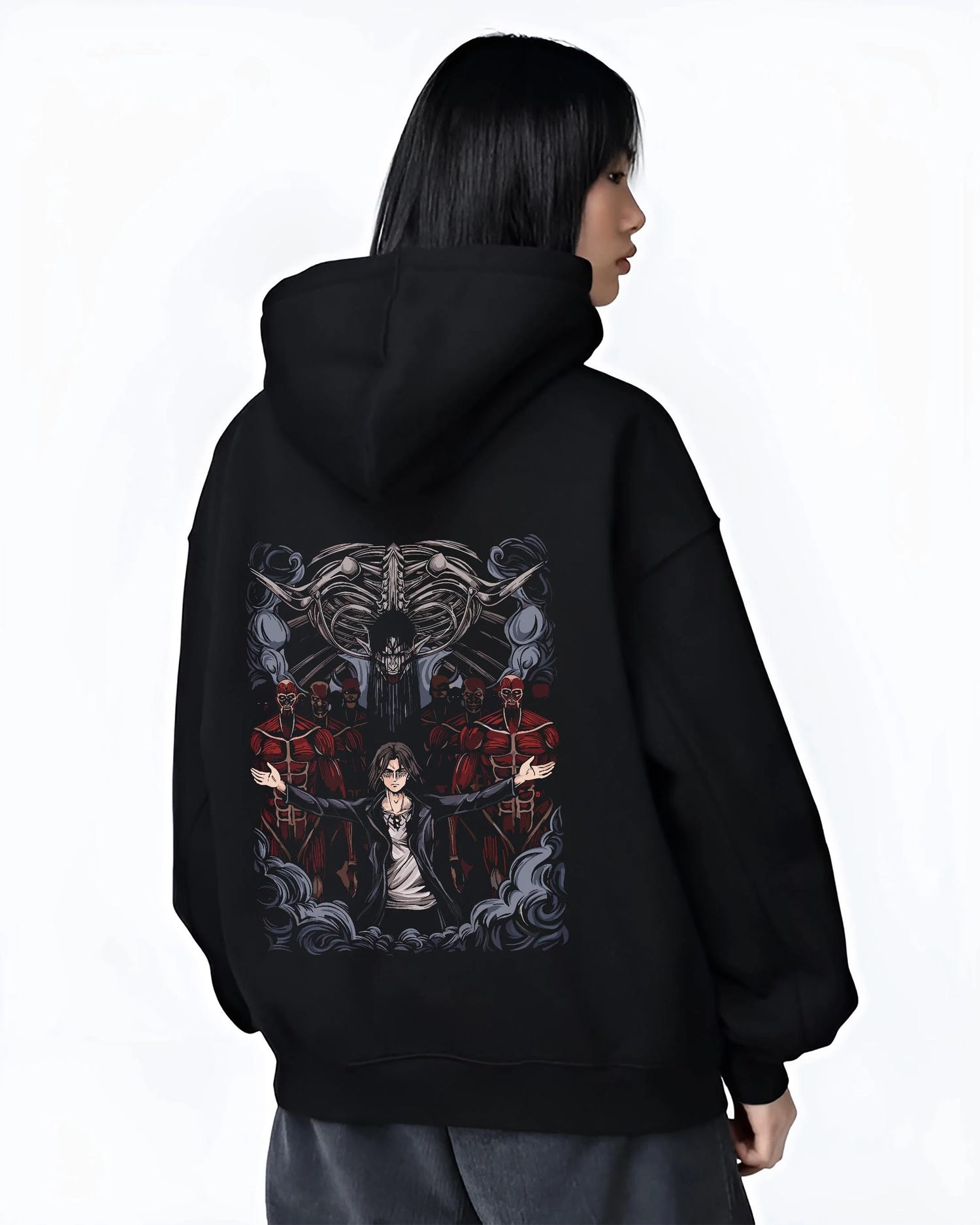 Black hoodie worn by female model, back view with Attack on Titan Hoodie Survey Corps Levi Throne Scene graphic streetwear graphic.