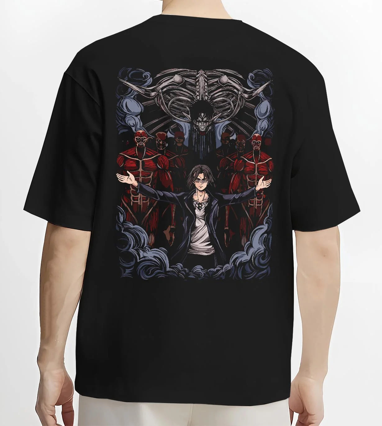 Black T-shirt worn by male model, back view with Attack on Titan Hoodie Survey Corps Levi Throne Scene graphic streetwear graphic.