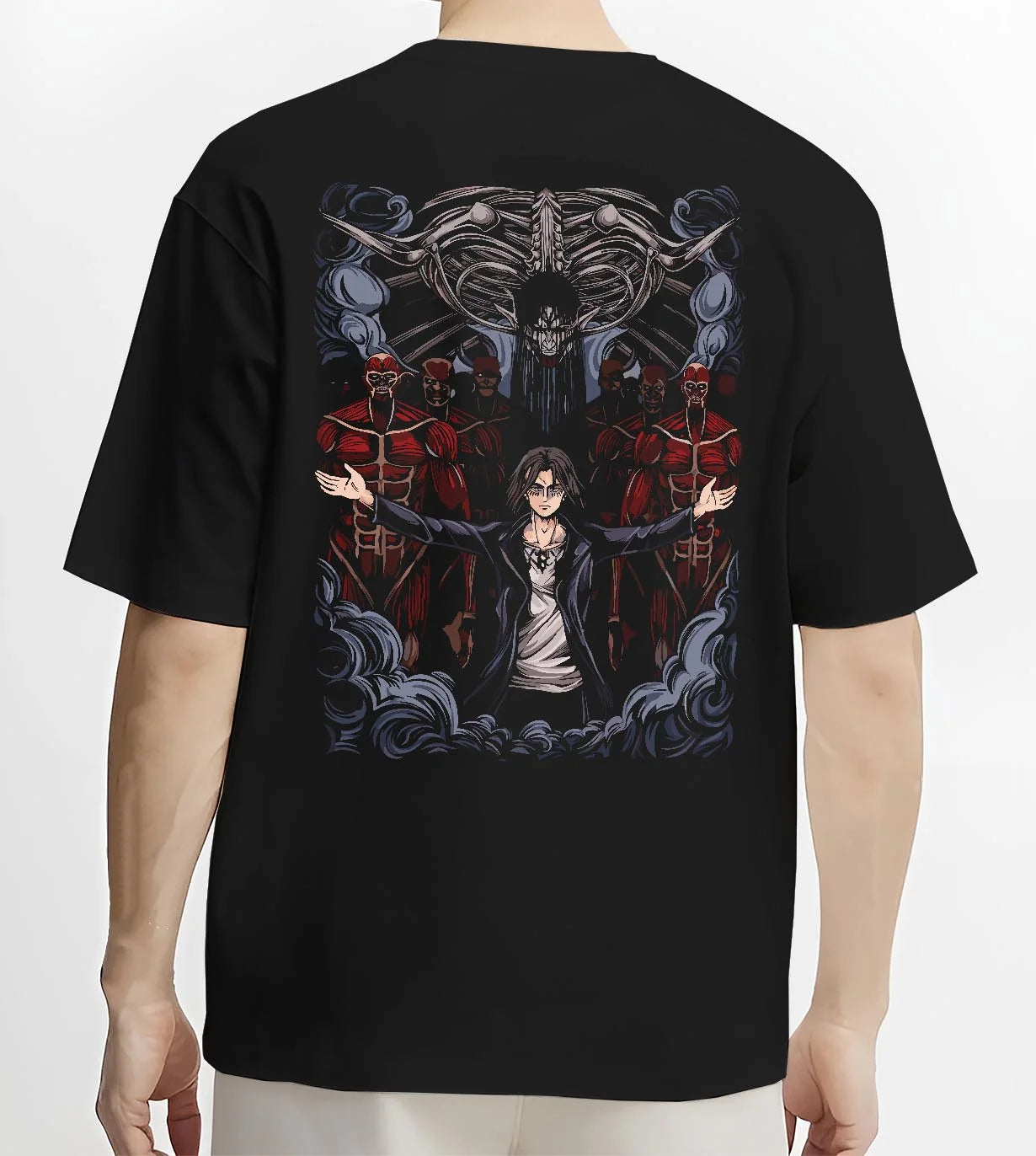 Black T-shirt worn by male model, back view with Attack on Titan Hoodie Survey Corps Levi Throne Scene graphic streetwear graphic.