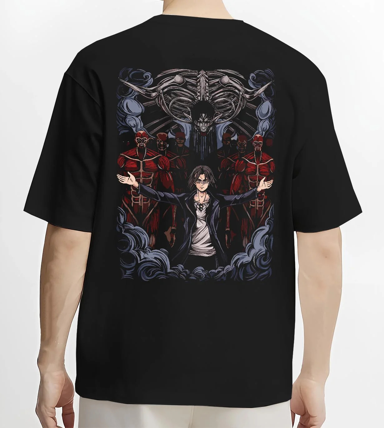 Black T-shirt worn by male model, back view with Attack on Titan Hoodie Survey Corps Levi Throne Scene graphic streetwear graphic.