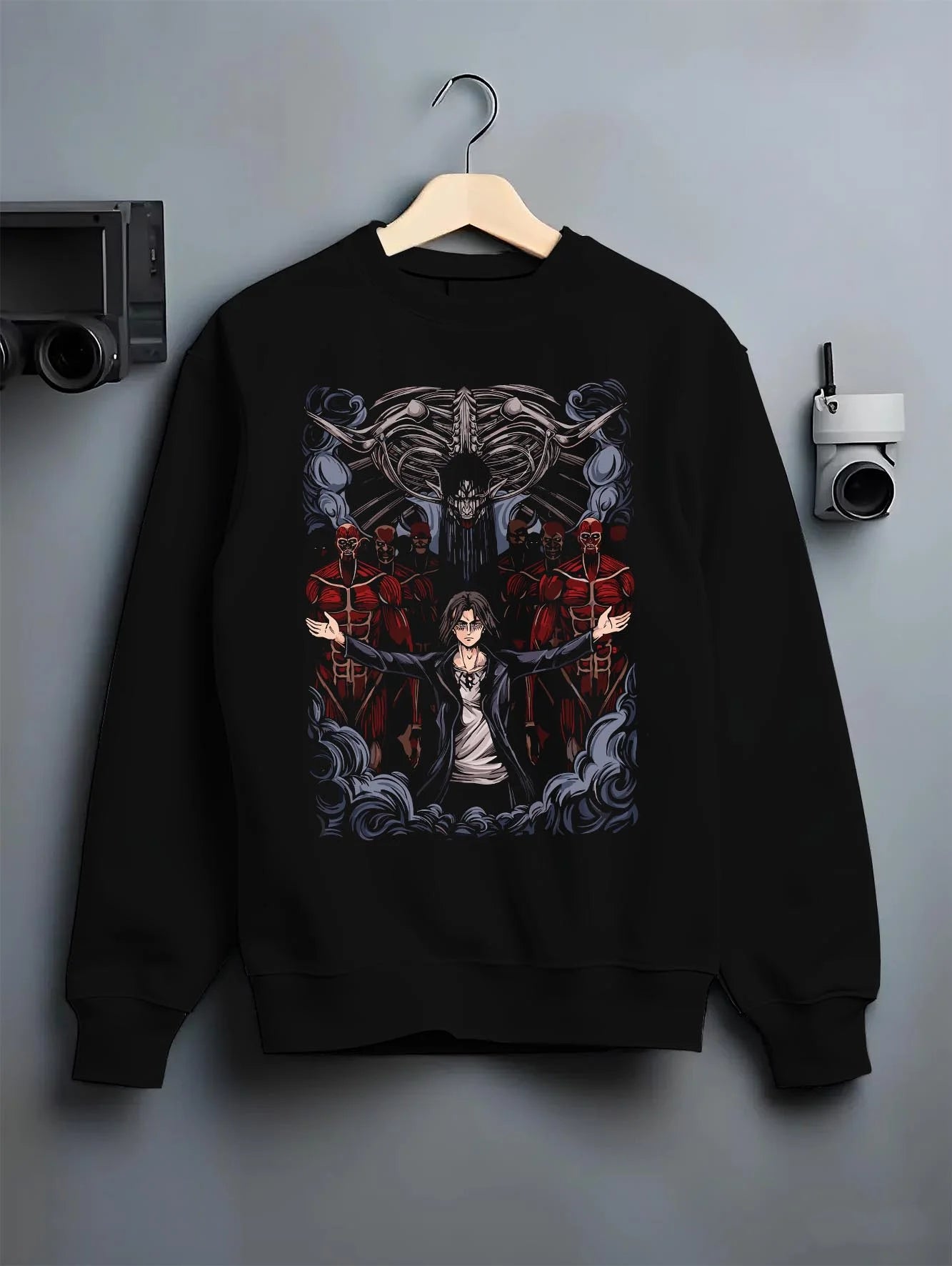 Black crewneck sweatshirt on hanger with Attack on Titan Hoodie Survey Corps Levi Throne Scene graphic bold anime graphic.