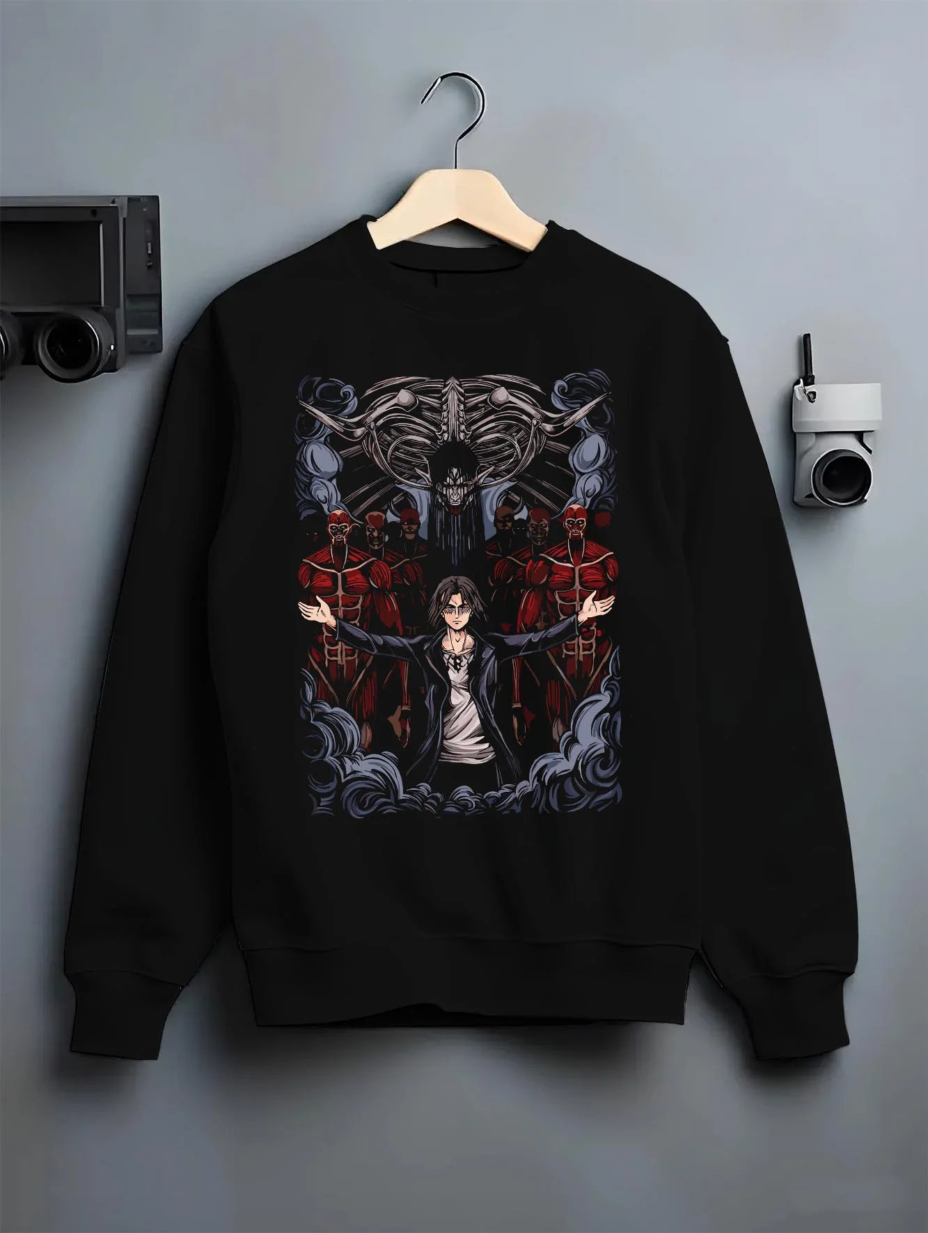 Black crewneck sweatshirt on hanger with Attack on Titan Hoodie Survey Corps Levi Throne Scene graphic bold anime graphic.