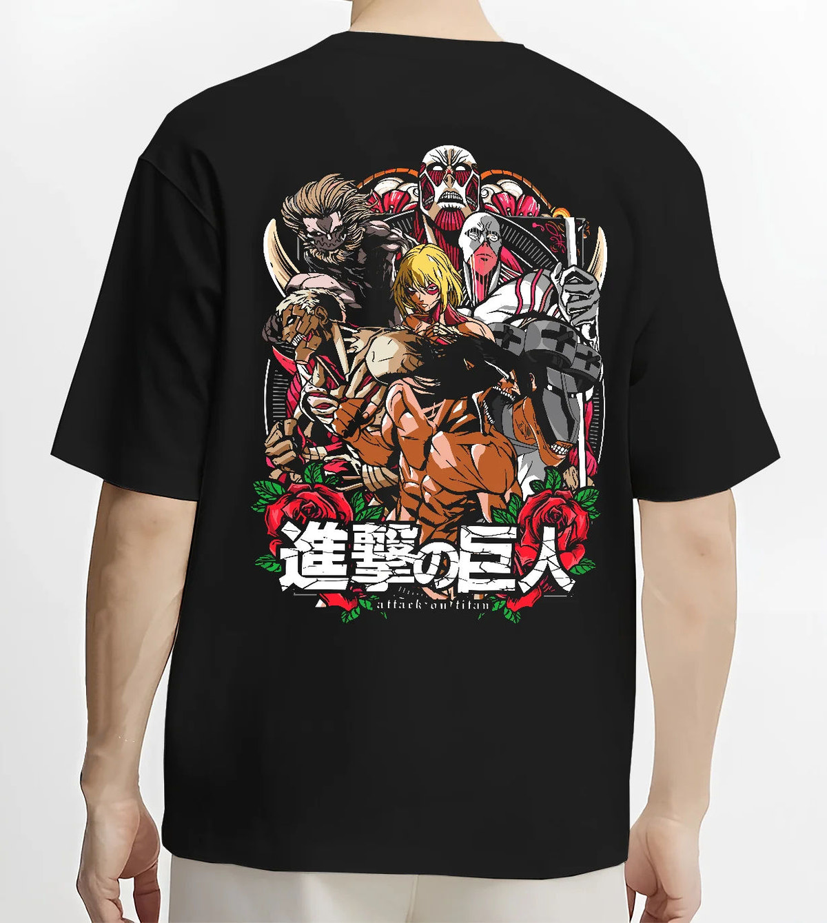 Black T-shirt model back view showing Attack on Titan: character and Titan group artwork