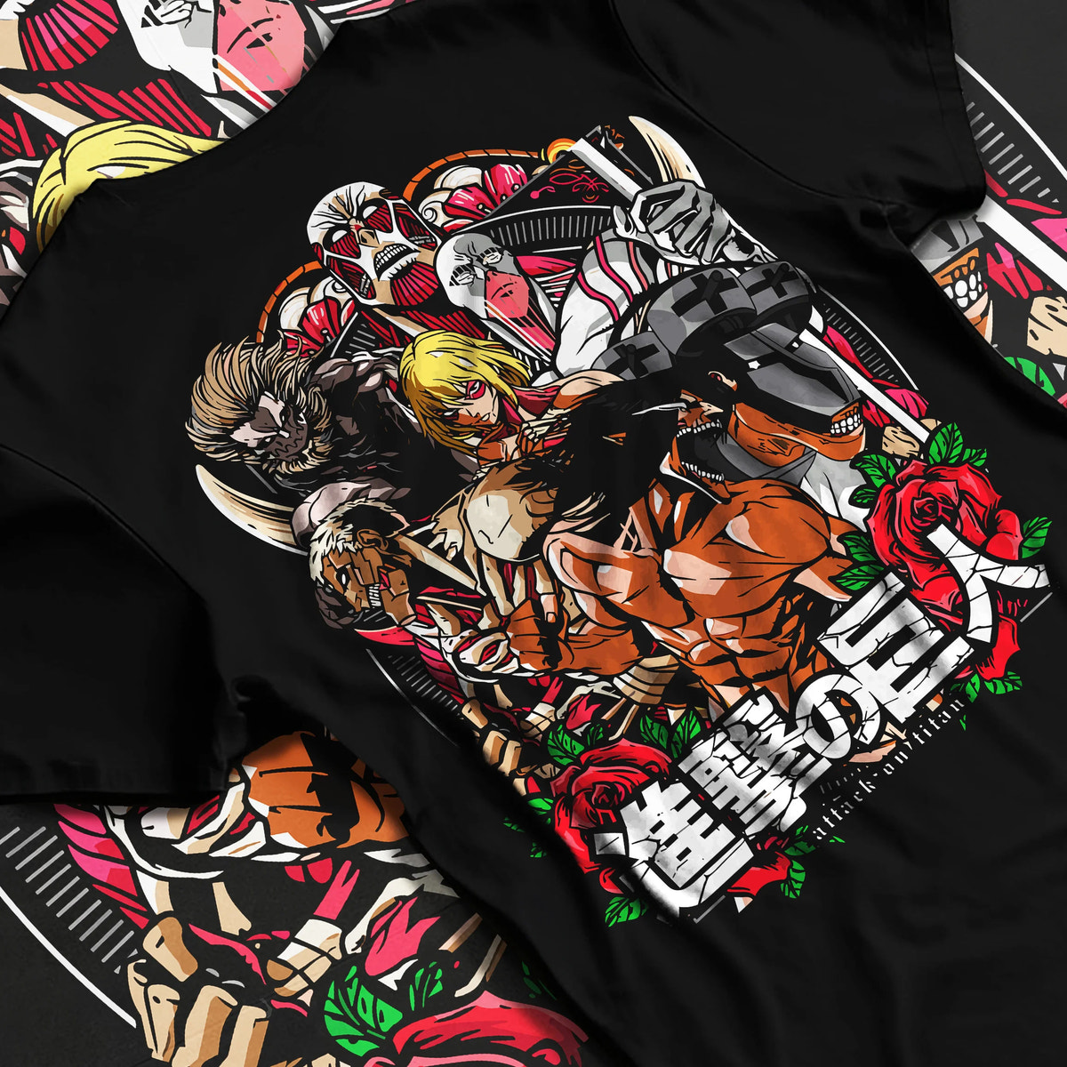 Black T-shirt flat back view showing Attack on Titan: character and Titan group artwork