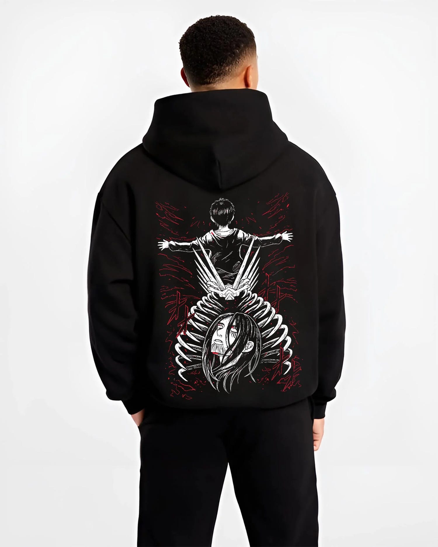 Black hoodie worn by male model, back view with Eren Founding Titan Hoodie Attack on Titan Transformation graphic bold anime graphic.