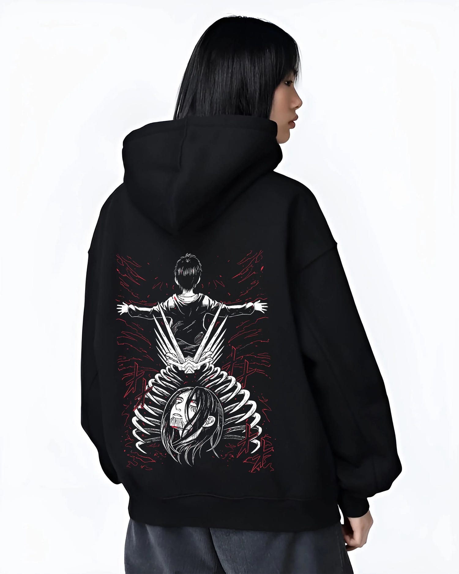 Black hoodie worn by female model, back view with Eren Founding Titan Hoodie Attack on Titan Transformation graphic streetwear graphic.
